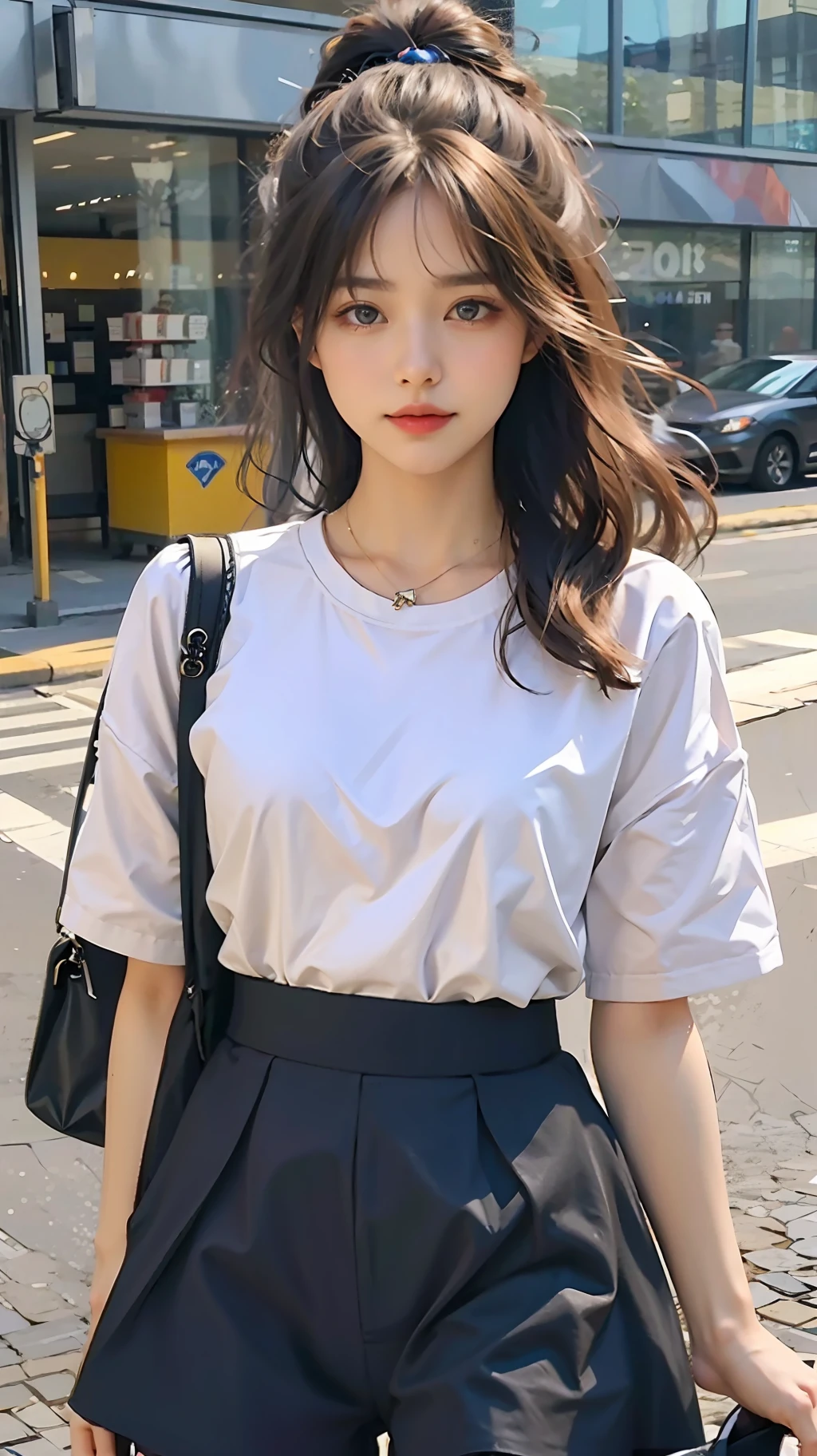 a girl，solo，(masterpiece：1.3)(best quality：1.3)(long hair)(white-shirt)(black short dress)(street background：1.3)