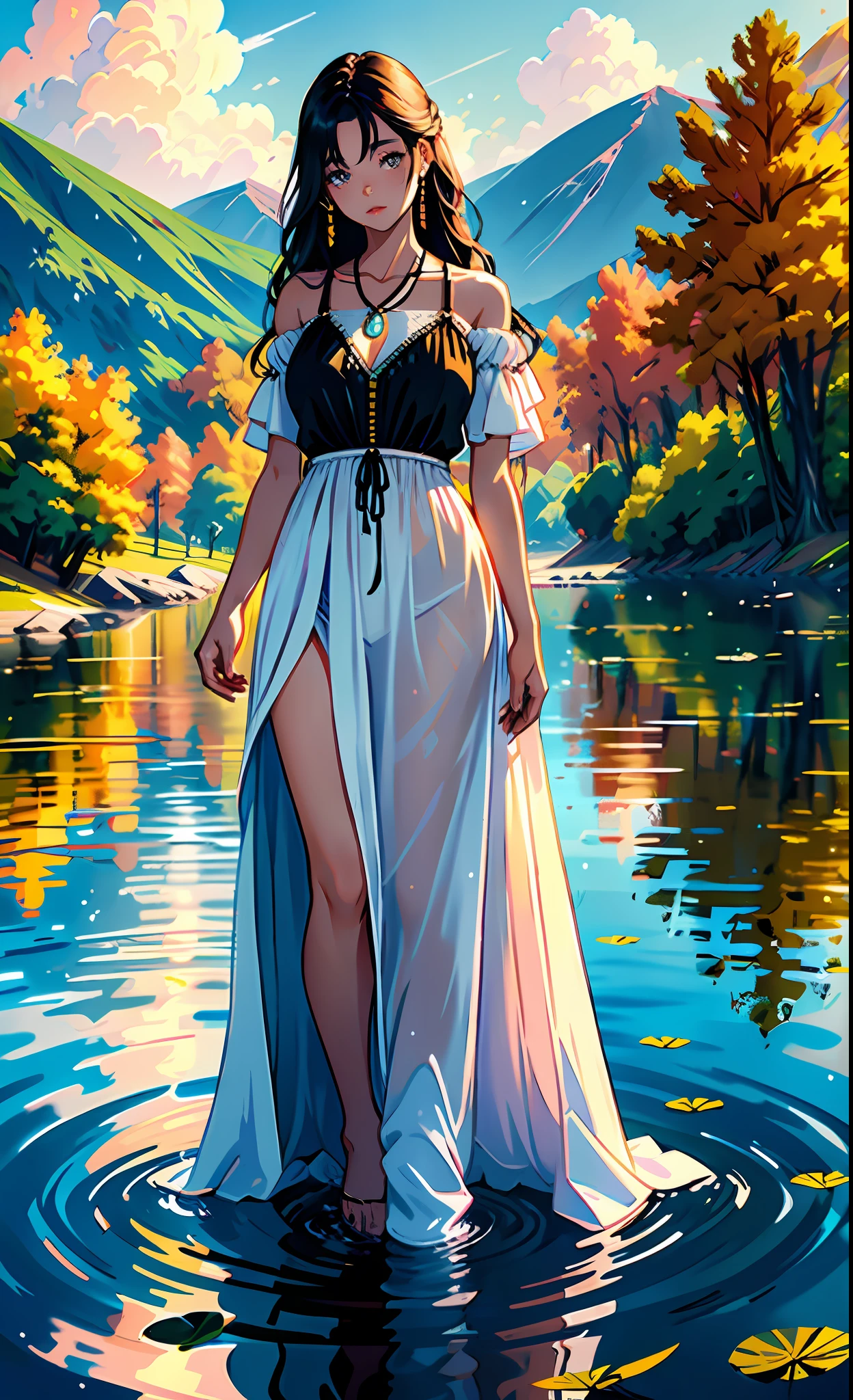 1 girl, serene expression, mesmerizing eyes, straight long hair, flowing dress, poised posture, porcelain skin, subtle blush, crystal pendant
BREAK
golden hour, (rim lighting):1.2, warm tones, sun flare, soft shadows, vibrant colors, painterly effect, dreamy atmosphere
BREAK
scenic lake, distant mountains, willow tree, calm water, reflection, sunlit clouds, peaceful ambiance, idyllic sunset, ultra detailed, official art, unity 8k wallpaper
, zentangle, mandala