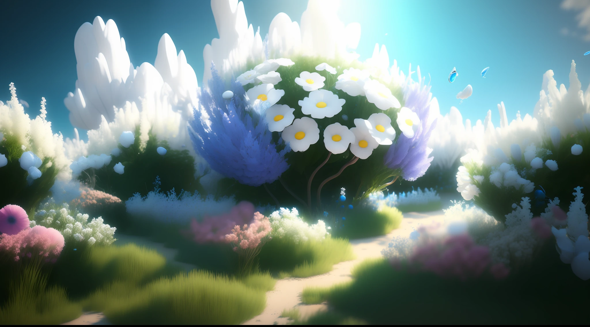 Dopamine, Surreal Airbrush Art, White and Rhineblue, CGSociety, Unreal Engine, 16K, Rendering, CGI, Concept Art, Trends on ArtStation, Ddreamlike Style, Flower Bed Look