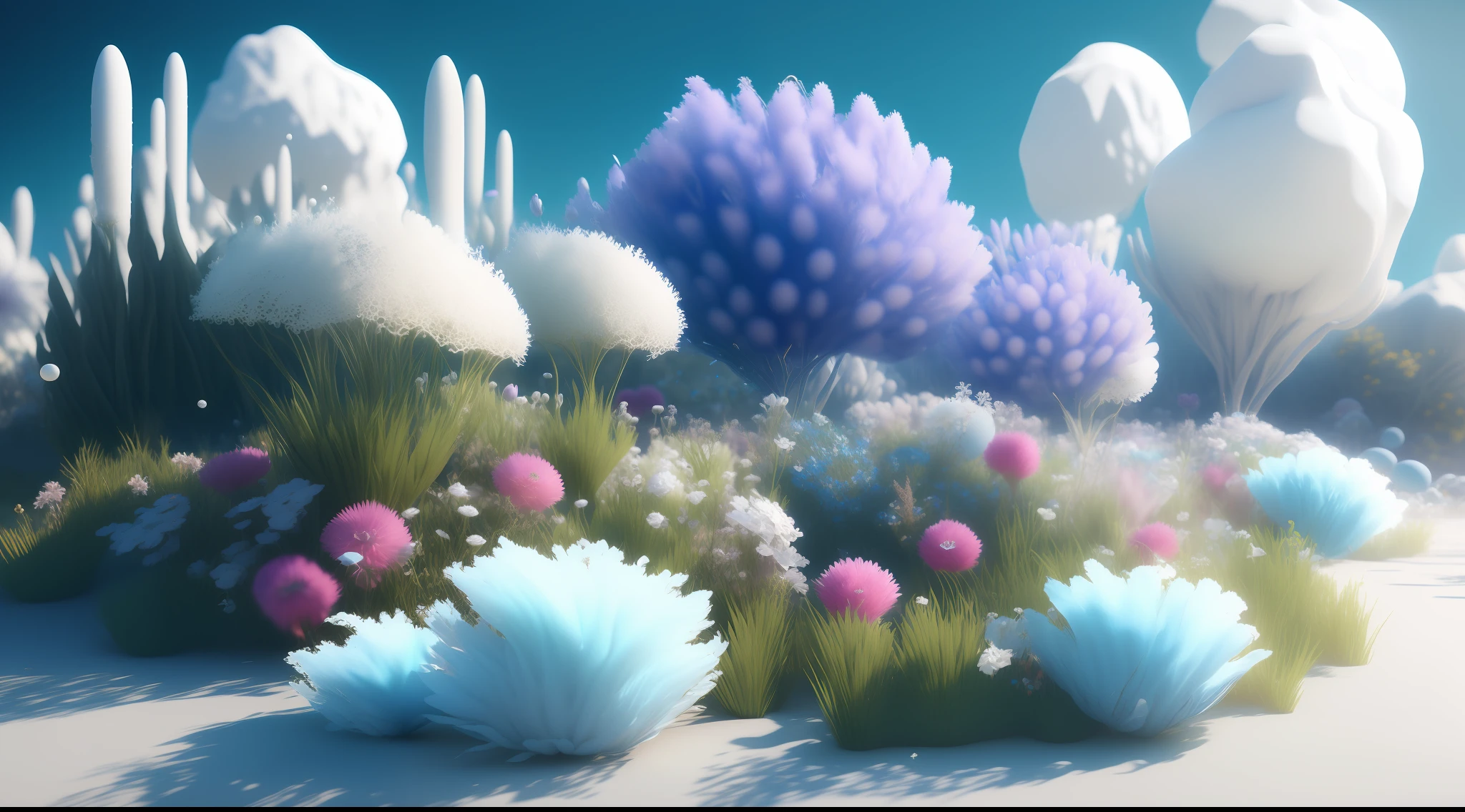 Dopamine, Surreal Airbrush Art, White and Rhineblue, CGSociety, Unreal Engine, 16K, Rendering, CGI, Concept Art, Trends on ArtStation, Ddreamlike Style, Flower Bed Look