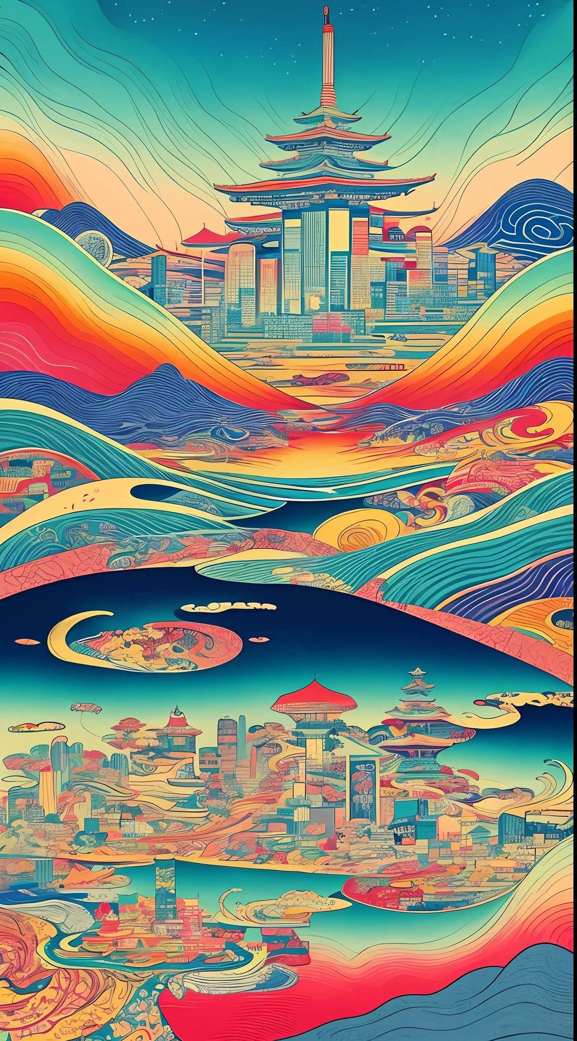 Ukiyo-e style, psychedelic, abstract. future city