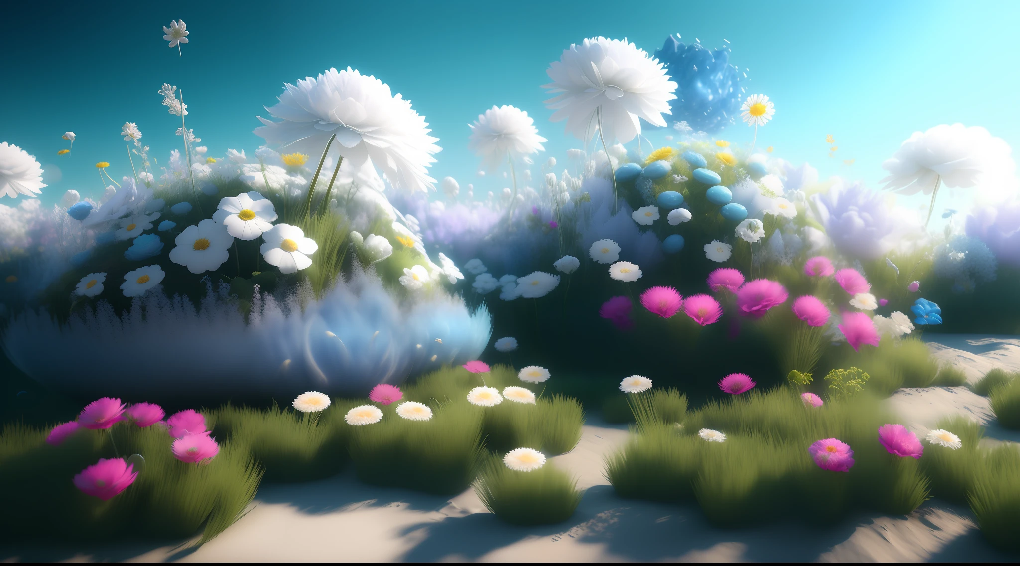 Dopamine, Surreal Airbrush Art, White and Rhineblue, CGSociety, Unreal Engine, 16K, Rendering, CGI, Concept Art, Trends on ArtStation, Ddreamlike Style, Flower Bed Look