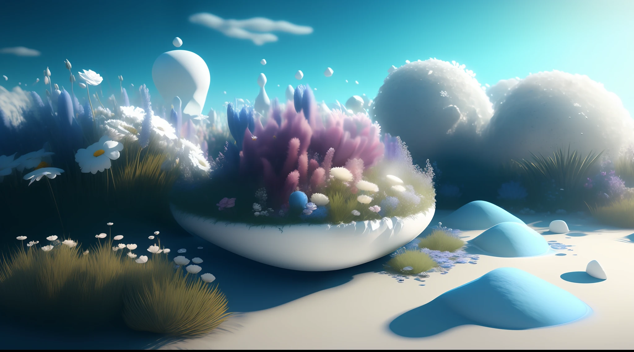 Dopamine, Surreal Airbrush Art, White and Rhineblue, CGSociety, Unreal Engine, 16K, Rendering, CGI, Concept Art, Trends on ArtStation, Ddreamlike Style, Flower Bed Look