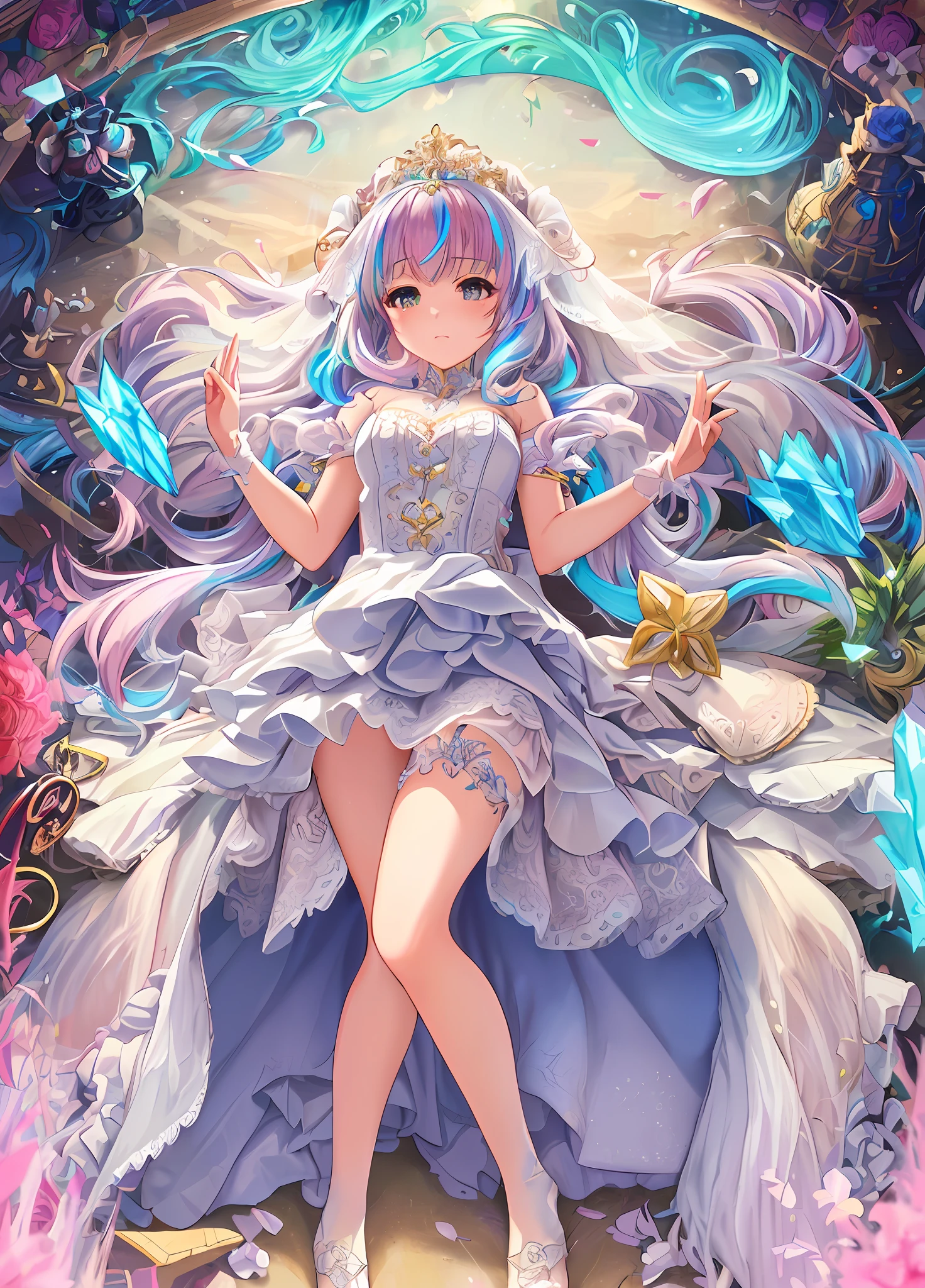 (ultra-detailed CG unity 8k wallpapers, art station trends, digital art, delicate and beautiful multicolored hair, expressive hair girl, crystal clear white stockings, cute wedding dress, art germ perfect style, very beautiful feminine goddess of anime, The latest animated female character at Gwaits' Art Station, packed with artistic elements)