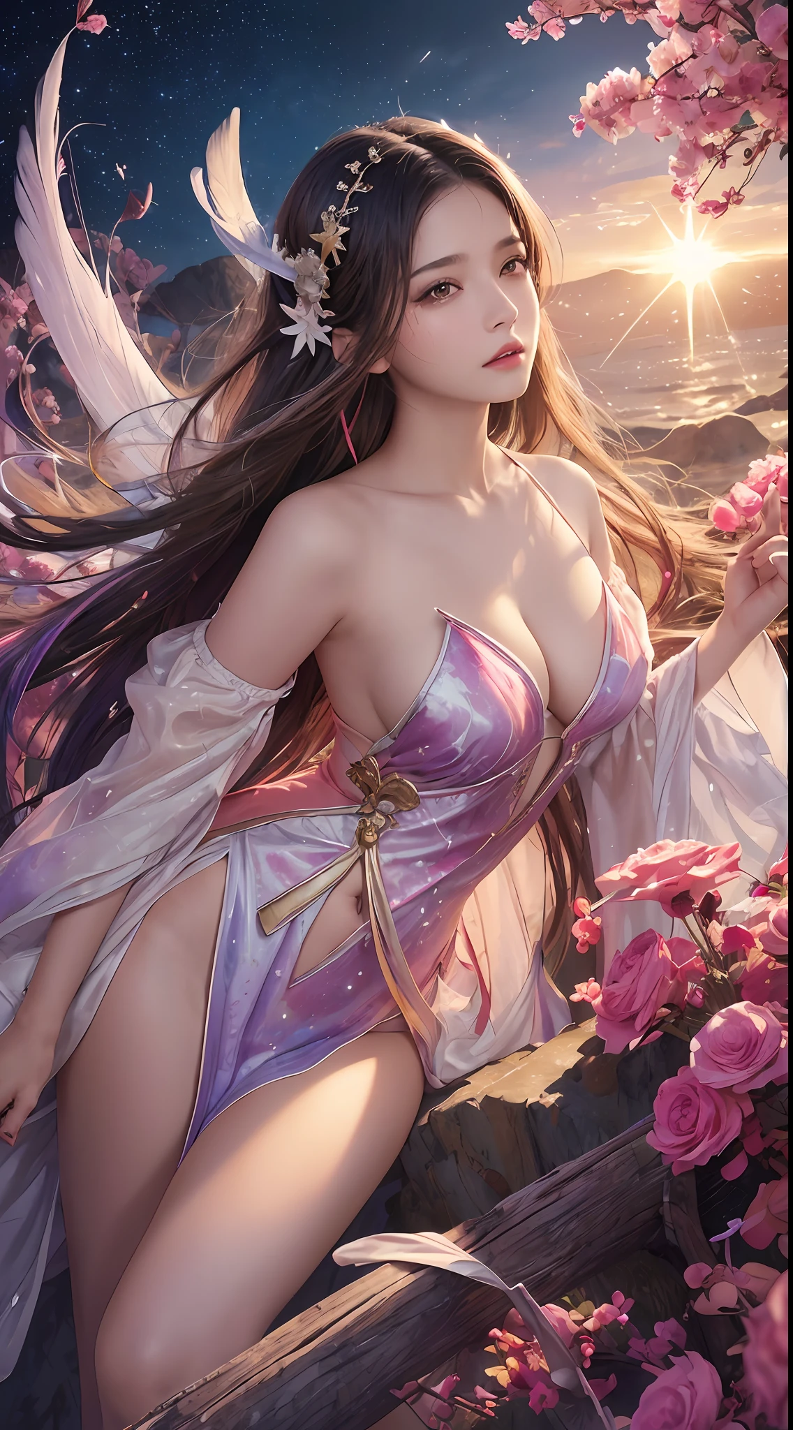 (Masterpiece, Top Quality, Best Quality, Ultimate Detail, Supreme Detail, Official Art, Beauty and Aesthetics: 1.2), Asian Girl, Cocked Asto, Waiting for Back, Bare Thighs, Bare Pubic Hair, Bared Vagina, Revealing Beautiful Pubic Hair, Color, Upper Body Shot, Beautiful Face, Solo, Perfect Figure, Flying in the Sky, Portrait of a Girl, Silver Gradient Hair, Brunette Hair, Fairy, Flowing Streamers, (Sexy, Show As, Show Tits: 10), Sun Rays, Clouds, Hanfu, Chinese Clothes, Water, Fireflies , night, starry sky, jewelry, feathers on dress, peacock feathers, light particles, volumetric illumination, ray tracing (flowing streamers: 1.1), (fantasy: 1.2), illuminator, stars, fantasy, high contrast, ink strokes, overexposure, purple and red tone impressions, abstract, (watercolor paintings by Berkey and Jerey Maiman)) brush strokes,