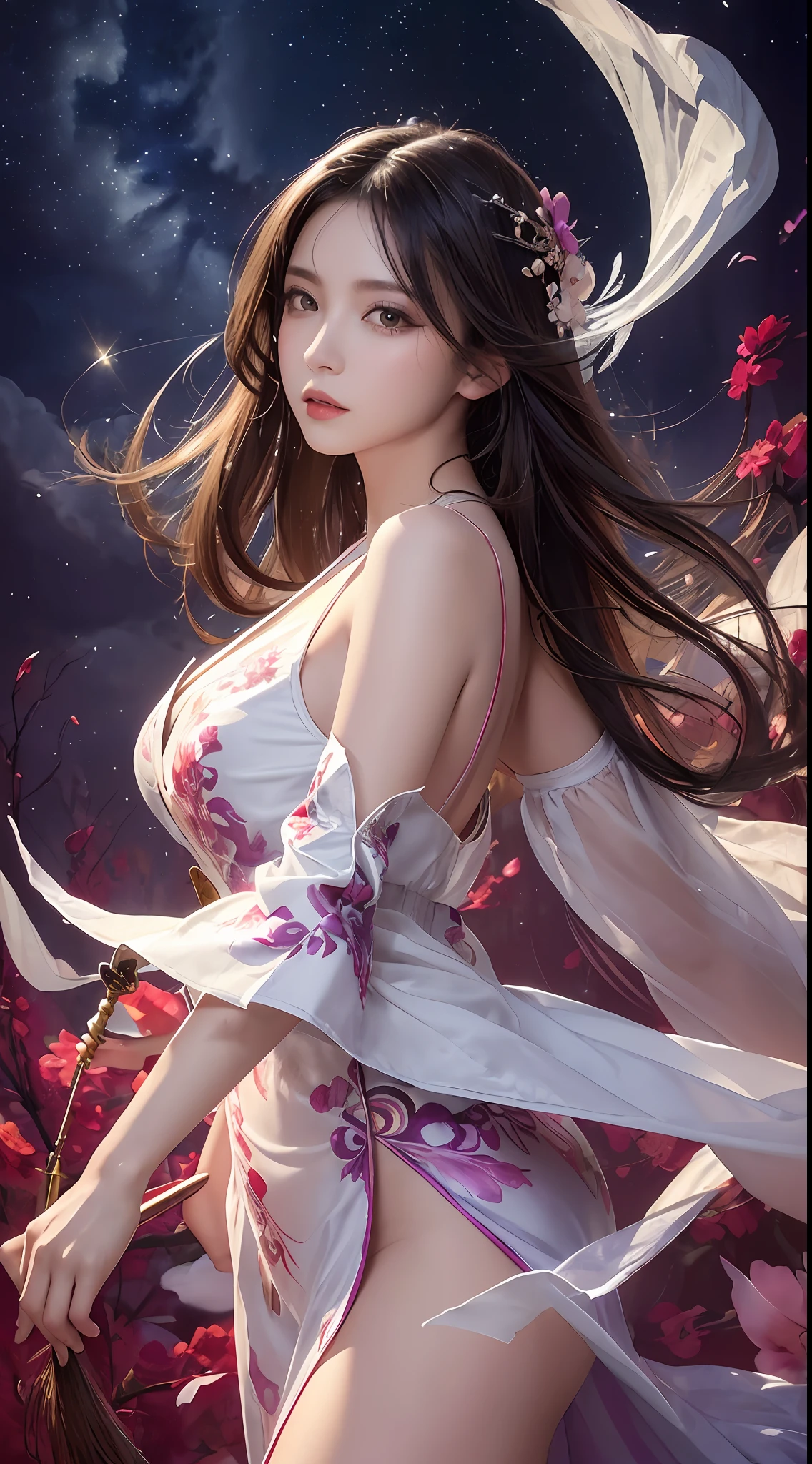 (Masterpiece, Top Quality, Best Quality, Ultimate Detail, Supreme Detail, Official Art, Beauty and Aesthetics: 1.2), Asian Girl, Cocked Asto, Waiting for Back, Bare Thighs, Bare Pubic Hair, Bared Vagina, Revealing Beautiful Pubic Hair, Color, Upper Body Shot, Beautiful Face, Solo, Perfect Figure, Flying in the Sky, Portrait of a Girl, Silver Gradient Hair, Brunette Hair, Fairy, Flowing Streamers, (Sexy, Show As, Show Tits: 10), Sun Rays, Clouds, Hanfu, Chinese Clothes, Water, Fireflies , night, starry sky, jewelry, feathers on dress, peacock feathers, light particles, volumetric illumination, ray tracing (flowing streamers: 1.1), (fantasy: 1.2), illuminator, stars, fantasy, high contrast, ink strokes, overexposure, purple and red tone impressions, abstract, (watercolor paintings by Berkey and Jerey Maiman)) brush strokes,