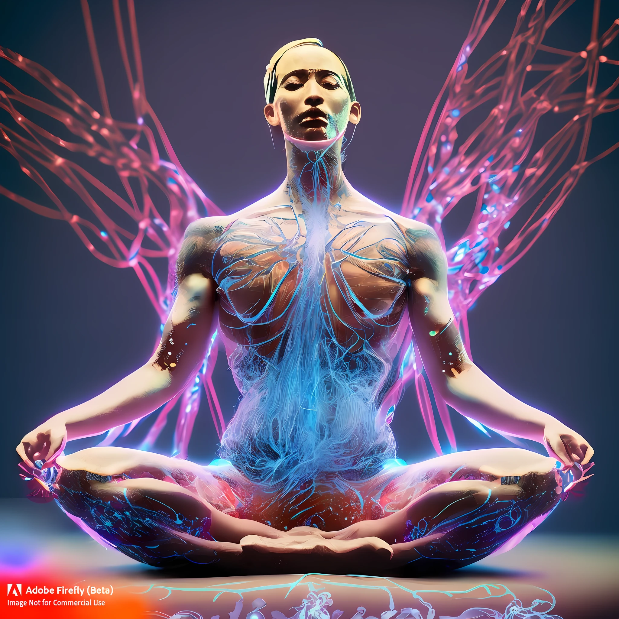 arafed image of a man meditating in a lotus position, a cyborg meditating, zen méditation cyberpunk, highly detailed zen neon, quality astral projection render, cosmic energy wires, psychedelic organic cyborg, aura of power. detailed, 3 d neon art of a womens body, physicality-based render, electric aura with particles, lotus pose