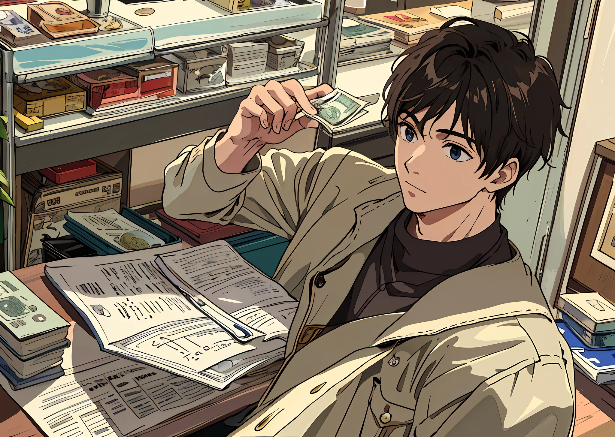 (Masterpiece, the best quality), a boy, put a bag of money on the table