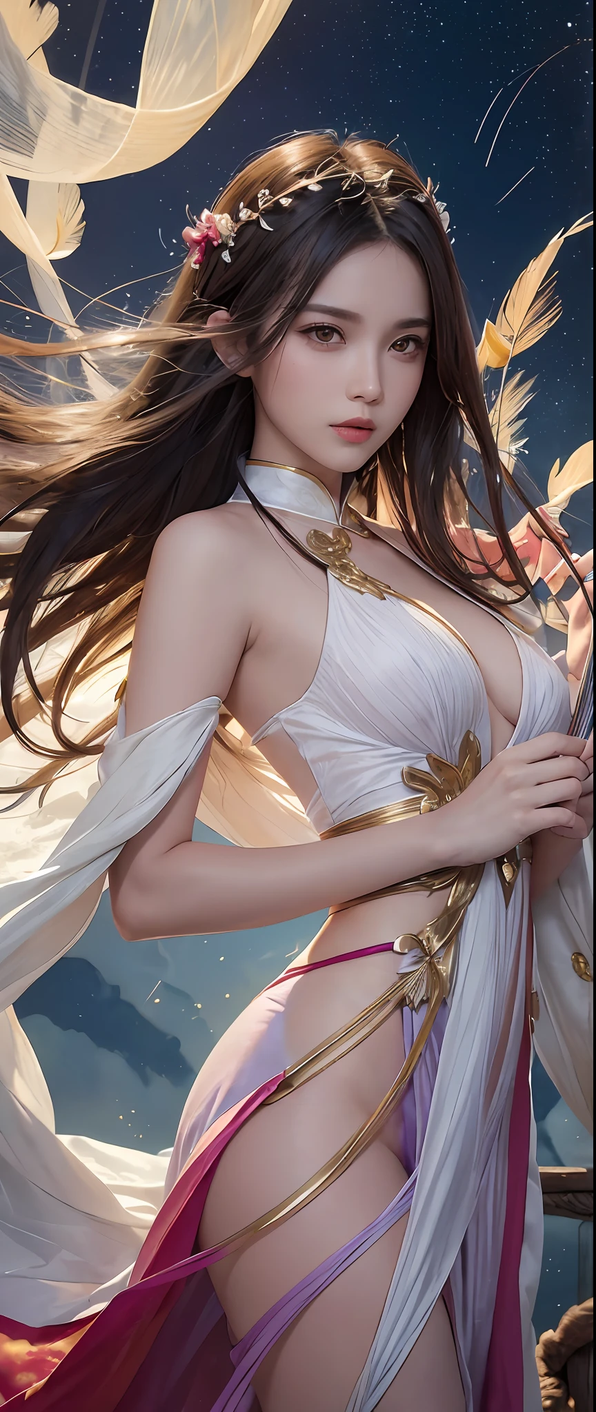 (Masterpiece, Top Quality, Best Quality, Ultimate Detail, Supreme Detail, Official Art, Beauty and Aesthetics: 1.2), Asian Girl, Cocked Asto, Waiting for Back, Bare Thighs, Bare Pubic Hair, Bared Vagina, Revealing Beautiful Pubic Hair, Color, Upper Body Shot, Beautiful Face, Solo, Perfect Figure, Flying in the Sky, Portrait of a Girl, Silver Gradient Hair, Brunette Hair, Fairy, Flowing Streamers, (Sexy, Show As, Show Tits: 10), Sun Rays, Clouds, Hanfu, Chinese Clothes, Water, Fireflies , night, starry sky, jewelry, feathers on dress, peacock feathers, light particles, volumetric illumination, ray tracing (flowing streamers: 1.1), (fantasy: 1.2), illuminator, stars, fantasy, high contrast, ink strokes, overexposure, purple and red tone impressions, abstract, (watercolor paintings by Berkey and Jerey Maiman)) brush strokes,