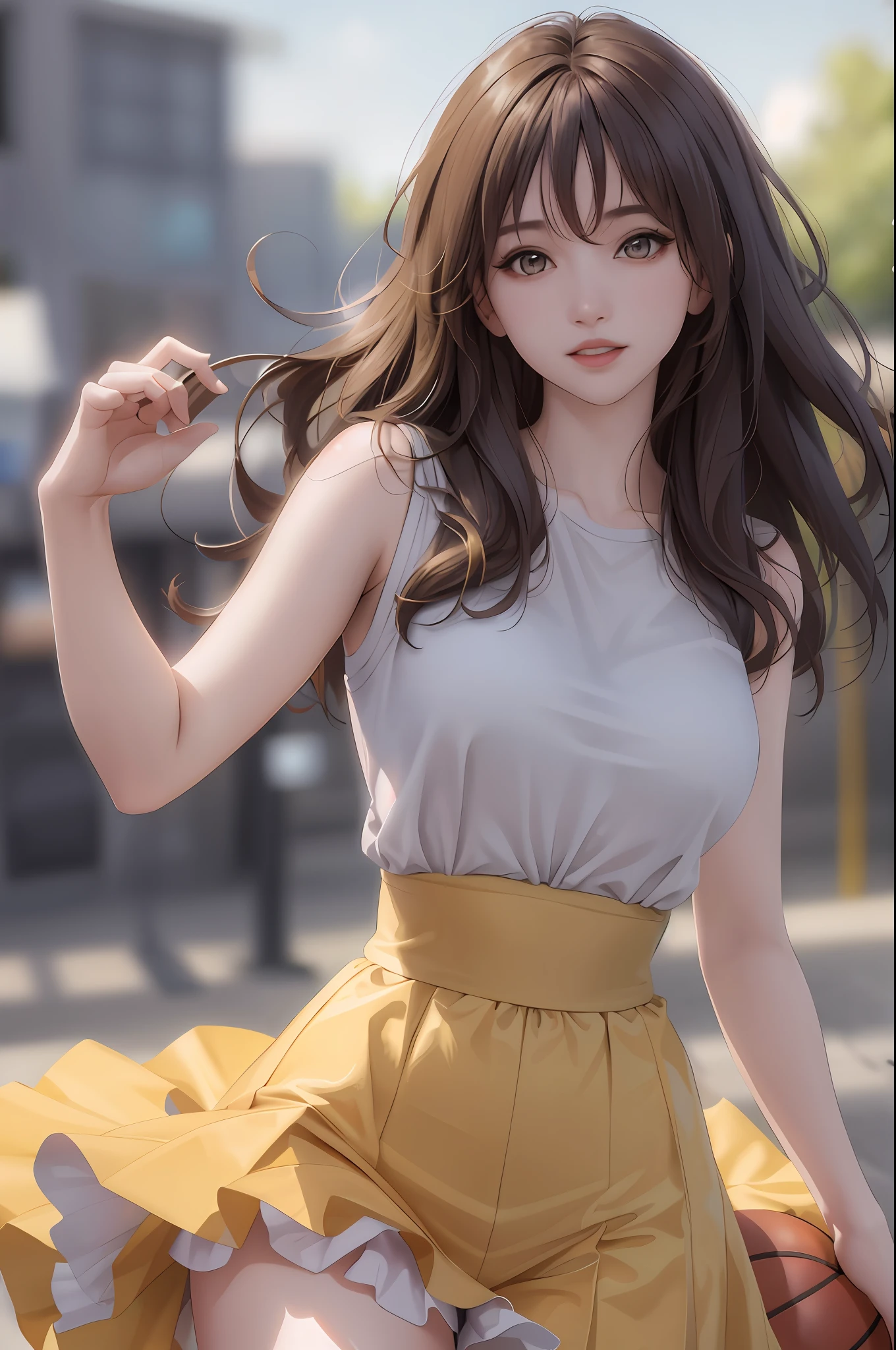 Masterpiece: 1.2, best quality), (8k, best quality, masterpiece: 1.2), (realistic, realistic: 1.37), ultra-detailed, best quality, ultra-high resolution, professional lighting, photon mapping, radiosity, physically based rendering, cinematic lighting, basketball court, depth of field, clear focus, sunlight, good composition, (bokeh: 1.2) 1girl, solo, (full body), beautiful detailed eyes, smiley face, pose, narrow waist , mid-chest, sheer, (sexy transparent tank - top basketball suit), brunette hair, messy hair, long hair fluttering in the wind, (ulzzang-6500:1.2)