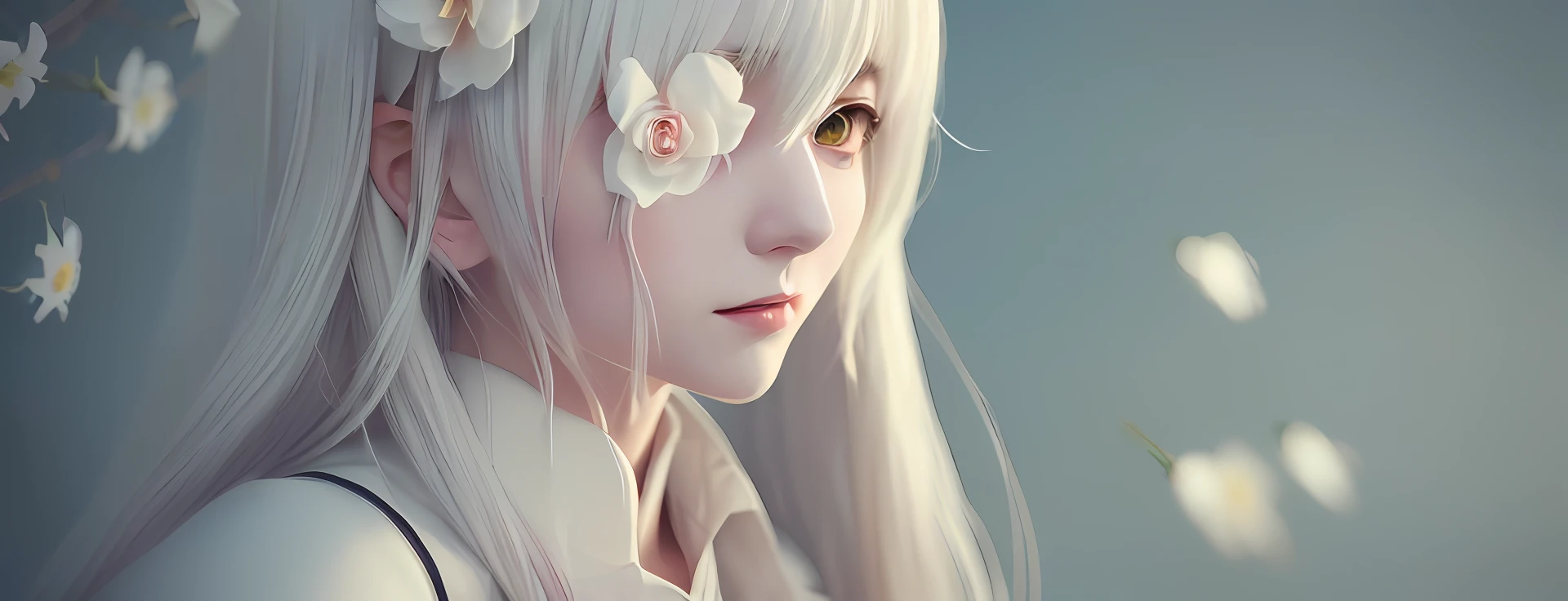 (((close-up))),((guweiz on pixiv artstation)),,((anime illustration:1.2)|(digital art:1.1)),,(girl with white hair),((pixiv:1.2)),(standup),(((in flowers)), white shirt, black eyes, face details etched, randomness, Expressionless, tie, shorts, brilliant colors,((4k. 1.1)|(8k:1.2)),