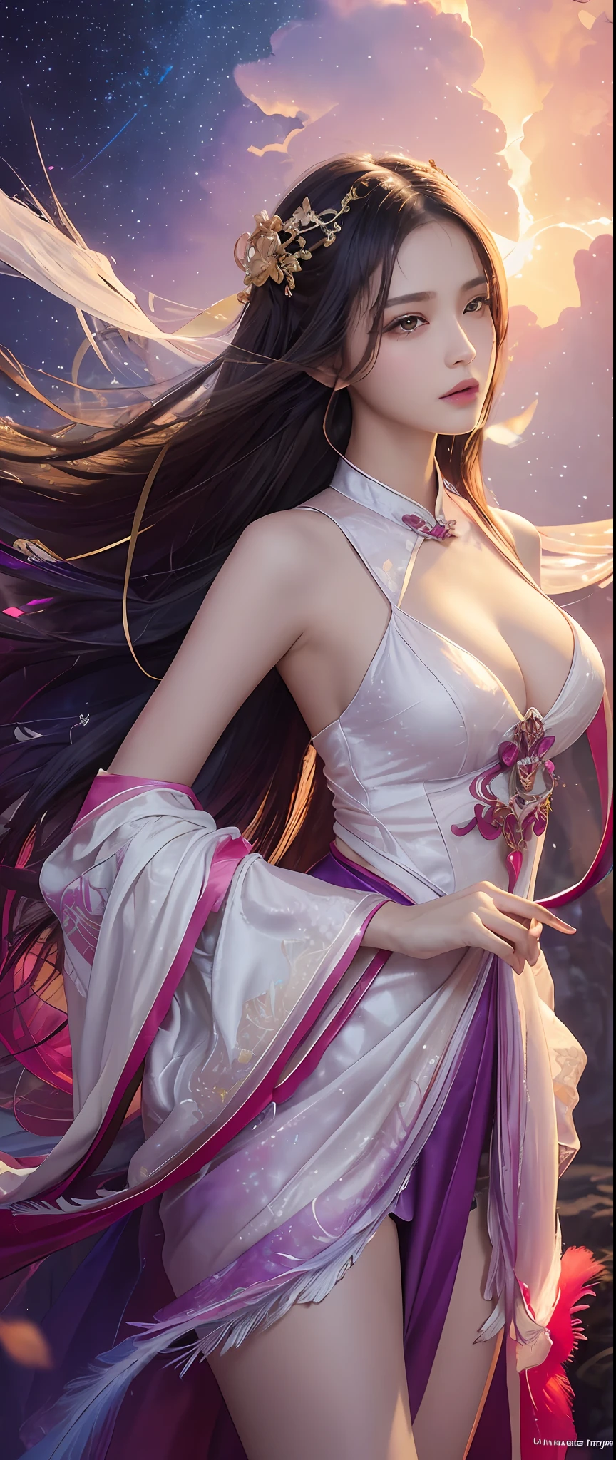 (Masterpiece, Top Quality, Best Quality, Ultimate Detail, Supreme Detail, Official Art, Beauty and Aesthetics: 1.2), Asian Girl, Cocked Asto, Waiting for Back, Bare Thighs, Bare Pubic Hair, Bared Vagina, Revealing Beautiful Pubic Hair, Color, Upper Body Shot, Beautiful Face, Solo, Perfect Figure, Flying in the Sky, Portrait of a Girl, Silver Gradient Hair, Brunette Hair, Fairy, Flowing Streamers, (Sexy, Show As, Show Tits: 10), Sun Rays, Clouds, Hanfu, Chinese Clothes, Water, Fireflies , night, starry sky, jewelry, feathers on dress, peacock feathers, light particles, volumetric illumination, ray tracing (flowing streamers: 1.1), (fantasy: 1.2), illuminator, stars, fantasy, high contrast, ink strokes, overexposure, purple and red tone impressions, abstract, (watercolor paintings by Berkey and Jerey Maiman)) brush strokes,