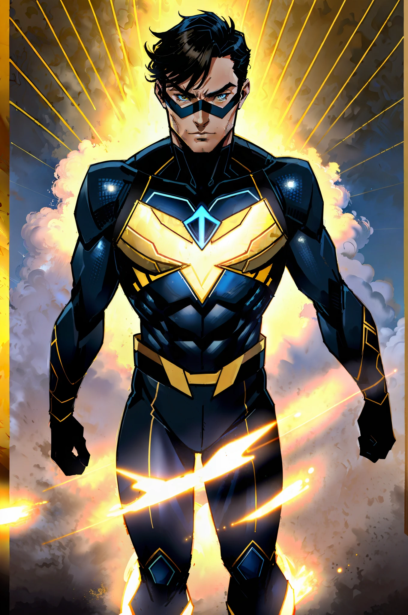 jim lee, 1boy, Lucas Hedges, male focus, athletic man, ((wearing mask over eyes)), technological golden mask, high tech, shaggy dark brown hair, (standing, proud, standing posture, strong posture: 1.1), cowboy shot, depth of field, looking at the viewer, realistic, tall Tech elastane supersuit (dark blue) with yellow lines and details, cool symmetrical costume, modern costume, chevron costume, cool costume, chevrons, belt, solo, toned, ((masterpiece)) (low angle, upshot, cloud background, sky background: 1.2)1boy, Chris Pine, male focus, male male, high tech, black hair, (standing, proud, standing posture, strong posture: 1.1) (((bright eyes))) depth of field, looking at the viewer, realistic, black spandex superhero fantasy supersuit with golden details, symmetrical blue and black costume, blue, black and gold superhero costume design, gold Chevron supersuit design, cool costume, (((golden symbol on chest))), chevrons, solo, superhero, toned, ((masterpiece) ) (low angle, background, cloud background, sky background: 1.2), (((title: "AKILLA")))