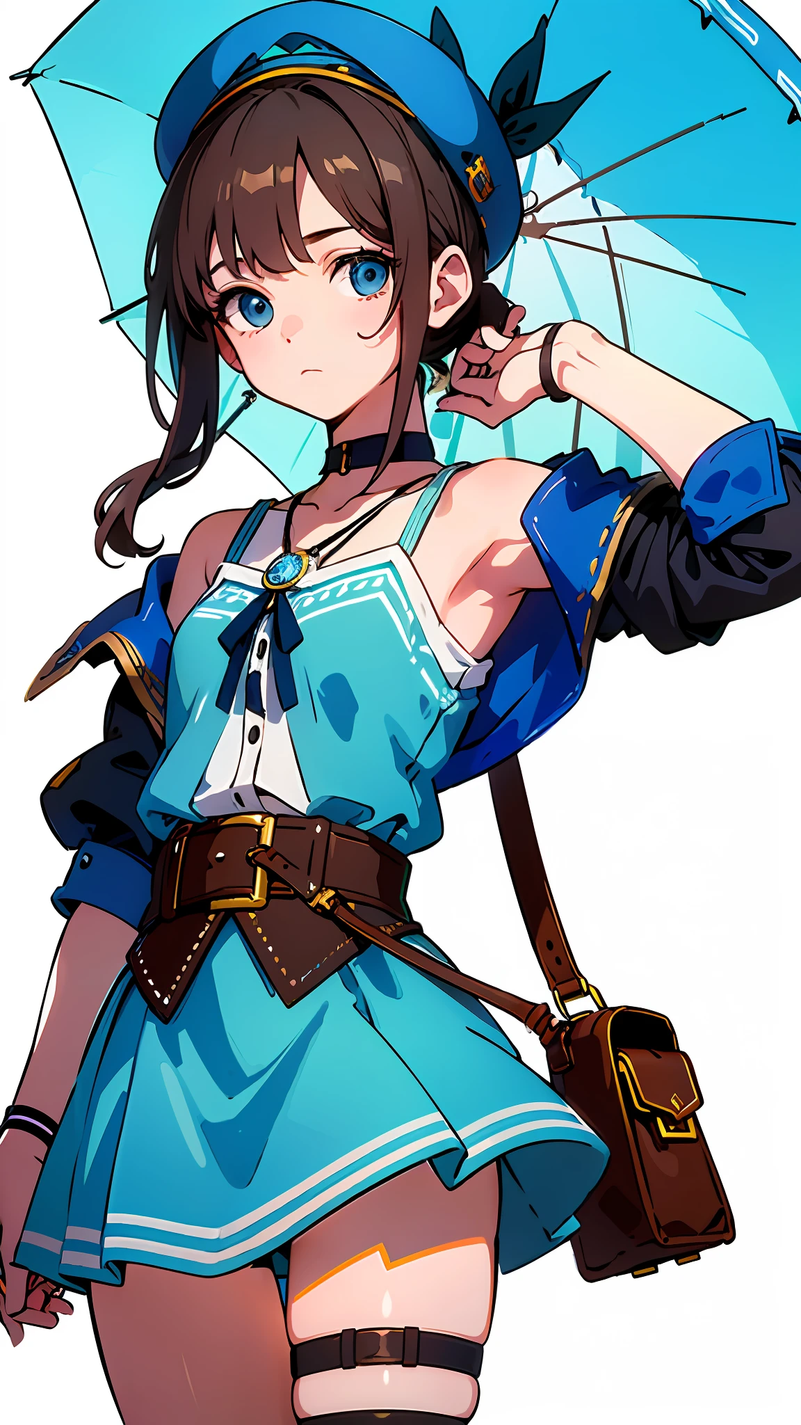 (masterpiece), (best quality), (super detailed), (illustration), simple white background, (extremely delicate beautiful girl), (pretty face), looking_at_viewer, 1 (brown hair) and light girl with blue eyes and (berets) and (shoulder bag: 1.2), single ponytail, blue headband, blue ribbon, blue punk jacket, pendant, (thigh strap), tomorrow's ark style, lighting electricity, short