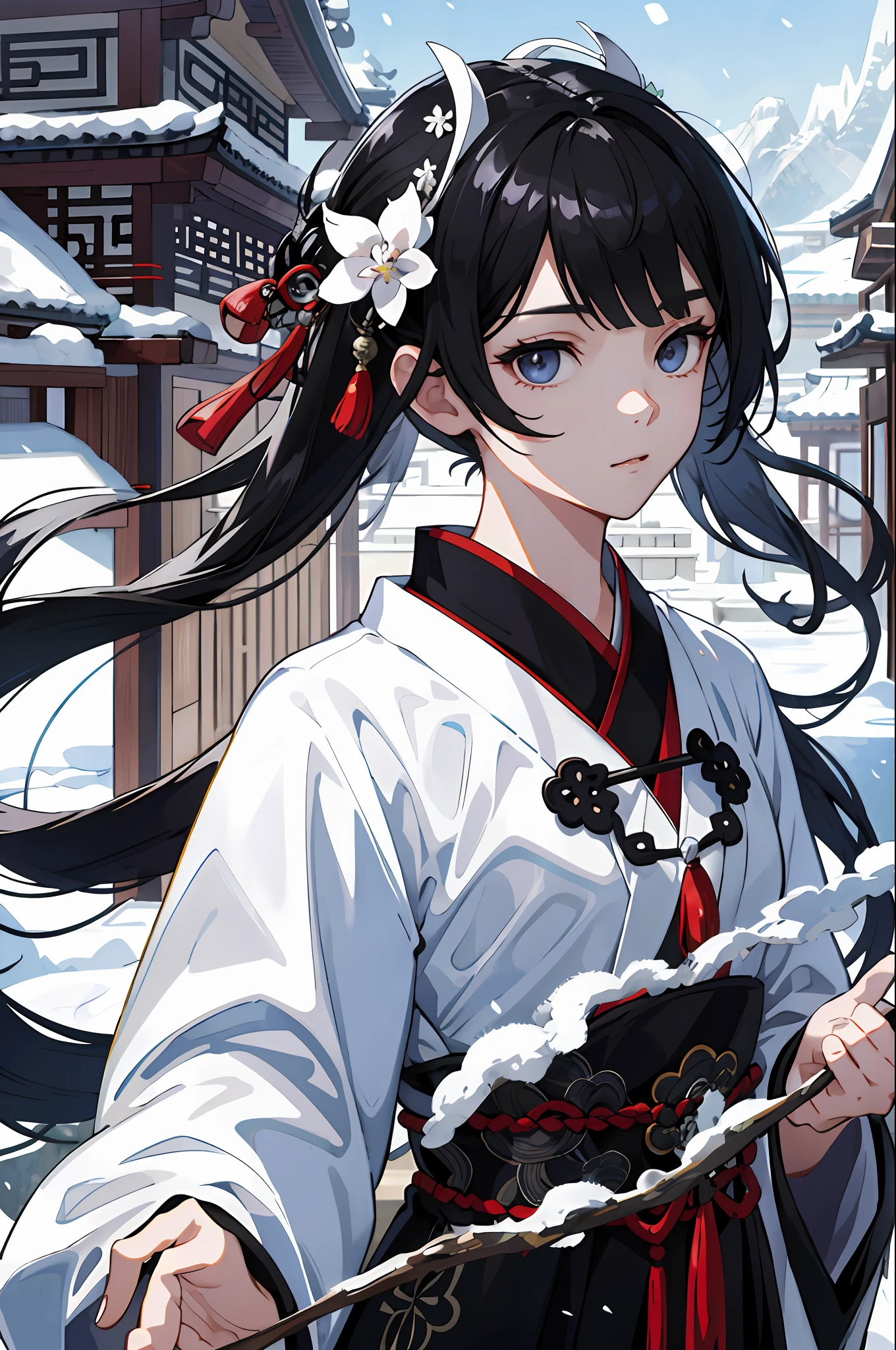 Official Art Illustration, 1 Girl, Black Eyes, Black Hair Color, Floating Hairpin, (Delicate Eyes), Intricate Silver-White Hanfu, Antique Style, Traditional Chinese Style, Gorgeous Accessories, Complex Filigree, FOV, F/1.8, Masterpiece, Frontal View, 8K, Hazy, Backlight, Beautiful Anime Portrait, Beautiful Anime Woman, Beautiful Digital Art, (High Resolution), (Masterpiece), Heroine, Fantasy Art, Beautiful Digital Art, Moire, Outdoor, Snow, (Warring States Background), （2.5D）