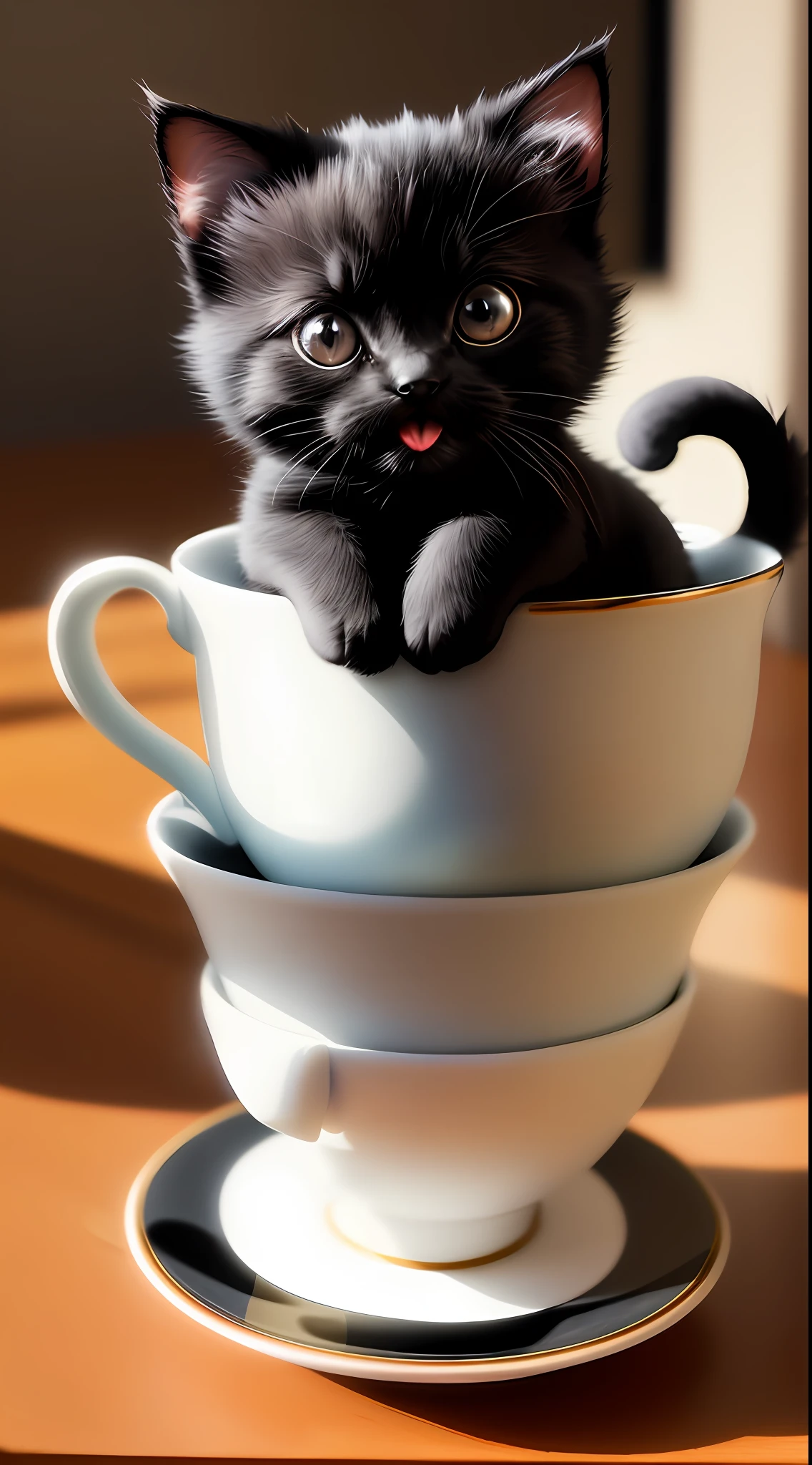 Black kitten, ((((small)))), in a teacup, showing face, sticking out tongue, sticking out of the paw, 8k, professional photo, delicate, clear, on the table, in the house, sunshine, light leak, masterpiece, ((((pretty))), (fashionable teacup), reality, like a stuffed animal