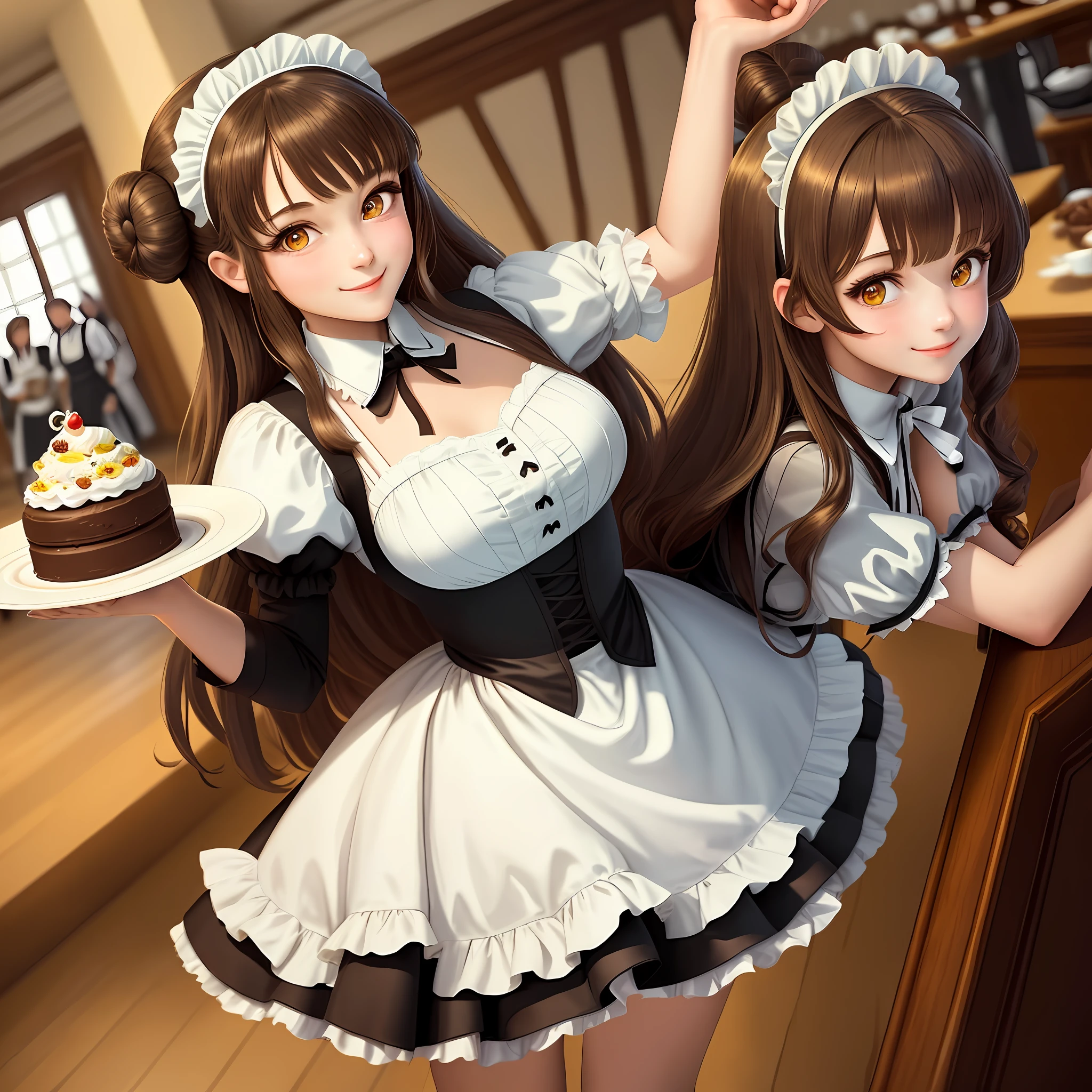 (Masterpiece, Best Quality), 1 Girl, A Woman Holding a Plate of Chocolate in a Maid Costume, Anime Girl in Maid Costume, Illustration, Brunette Hair, Long Hair, Yellow Eyes, Half Bun, Hairpin, (Maid, Maid Headgear, Cafe), Smile, Look at the audience