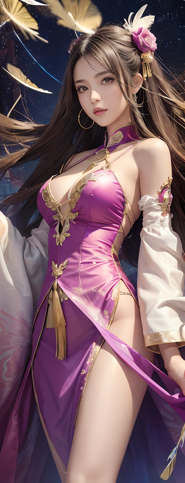 (Masterpiece, Top Quality, Best Quality, Ultimate Detail, Supreme Detail, Official Art, Beauty and Aesthetics: 1.2), Asian Girl, Cocked Asto, Waiting for Back, Bare Thighs, Bare Pubic Hair, Bared Vagina, Revealing Beautiful Pubic Hair, Color, Upper Body Shot, Beautiful Face, Solo, Perfect Figure, Flying in the Sky, Portrait of a Girl, Silver Gradient Hair, Brunette Hair, Fairy, Flowing Streamers, (Sexy, Show As, Show Tits: 10), Sun Rays, Clouds, Hanfu, Chinese Clothes, Water, Fireflies , night, starry sky, jewelry, feathers on dress, peacock feathers, light particles, volumetric illumination, ray tracing (flowing streamers: 1.1), (fantasy: 1.2), illuminator, stars, fantasy, high contrast, ink strokes, overexposure, purple and red tone impressions, abstract, (watercolor paintings by Berkey and Jerey Maiman)) brush strokes,