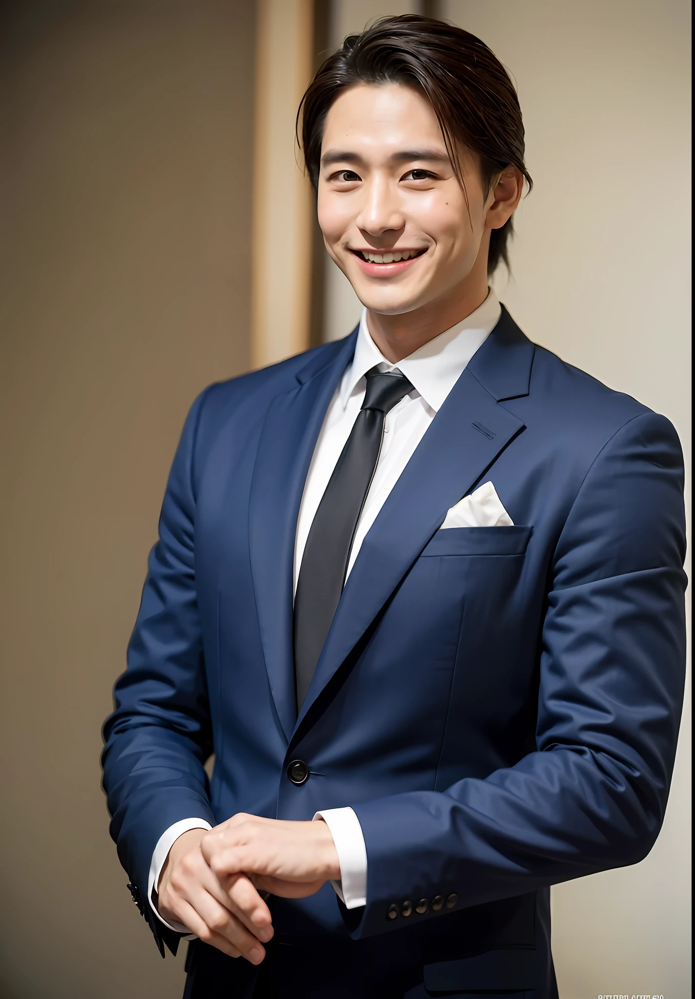 ((8k:1.27), best quality, masterpiece, super high definition:1.2) Japan man photo, smiling, muscles, wearing suit, 25 years old, man