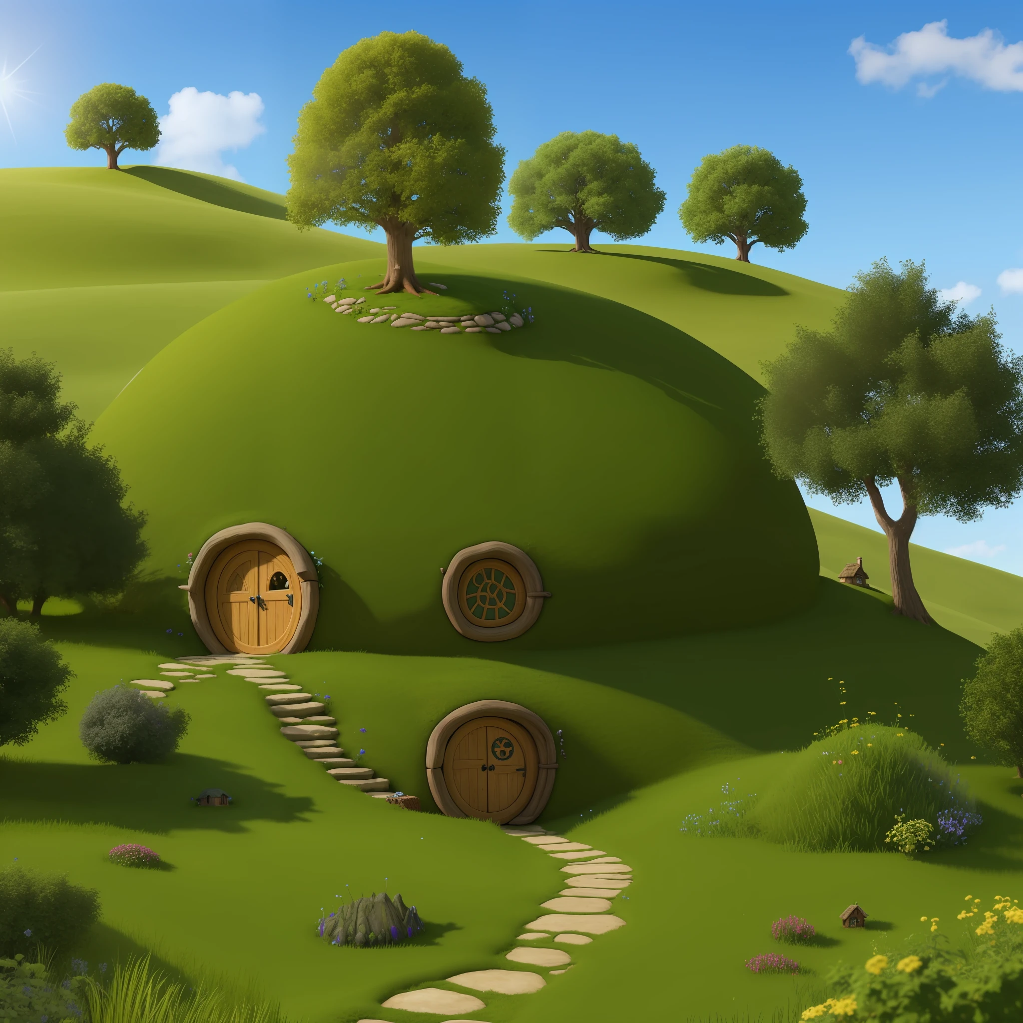 fairies tree of life isolated hobbit house on a hill, dreamlike creation, 8K-upscale —--upscale - fairies throwing pixie dust-upscale ——