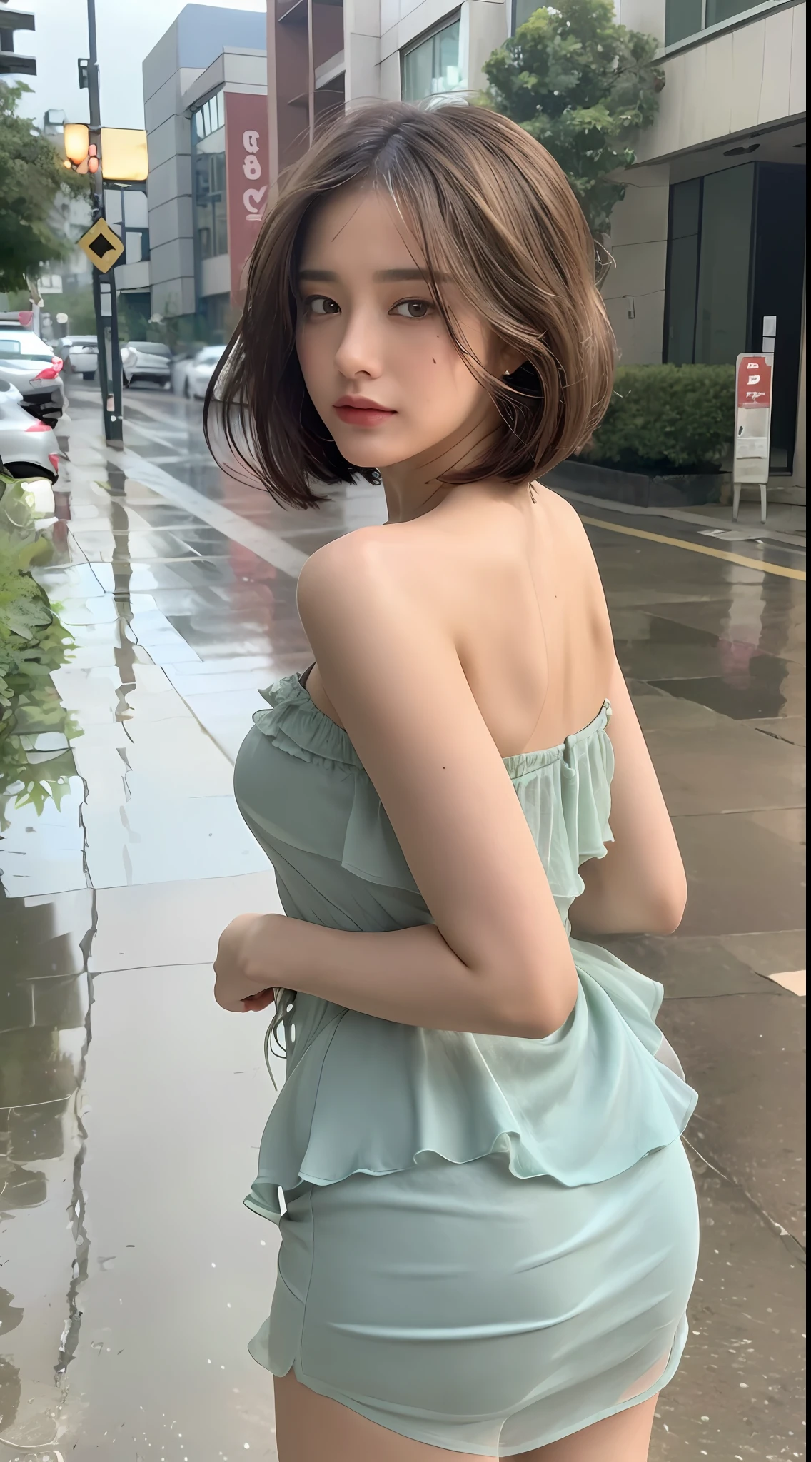 ((Best Quality, 8K, Masterpiece:1.3)), Focus:1.2, Perfect Body Beauty:1.4, Buttocks:1.2, (Layered Haircut:1.2)), (Rain, Street:1.3), Bandeau Dress:1.1, Highly Detailed Face and Skin Texture, Delicate Eyes, Double Eyelids, Whitened Skin, Long Hair, (Round Face: 1.5)
