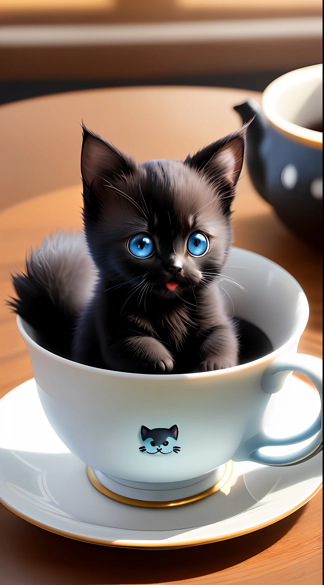 Blue-eyed black kitten, (((small)))), in a teacup, showing face, sticking out tongue, sticking out its paws from teacup, 8k, professional photo, delicate, clear, on the table, in the house, sunshine, light leak, masterpiece, ((((cute))), (fashionable teacup), reality, like a stuffed animal