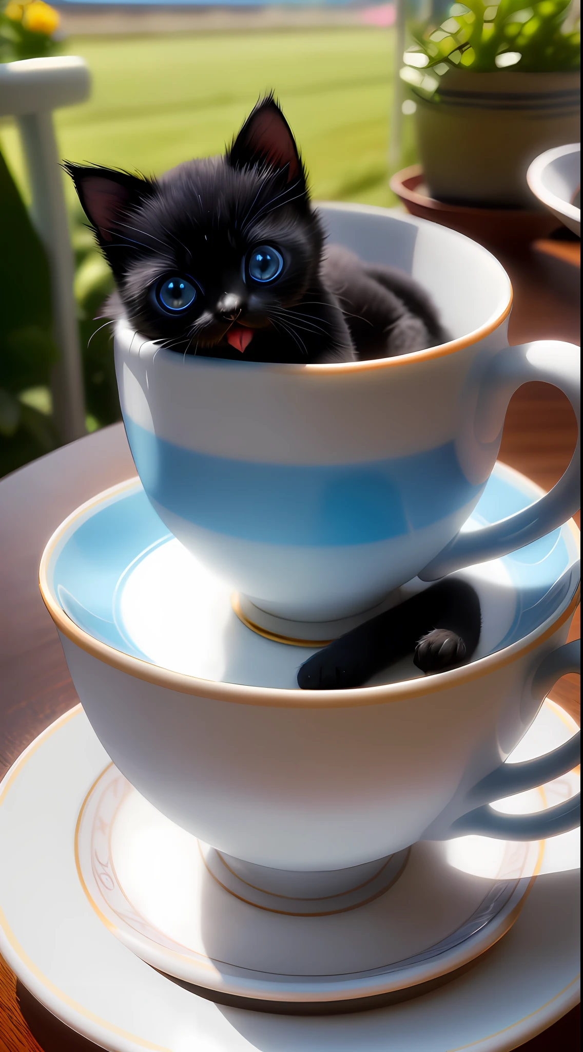 Blue-eyed black kitten, (((small)))), in a teacup, showing face, sticking out tongue, sticking out its paws from teacup, 8k, professional photo, delicate, clear, on the table, in the house, sunshine, light leak, masterpiece, ((((cute))), (fashionable teacup), reality, like a stuffed animal