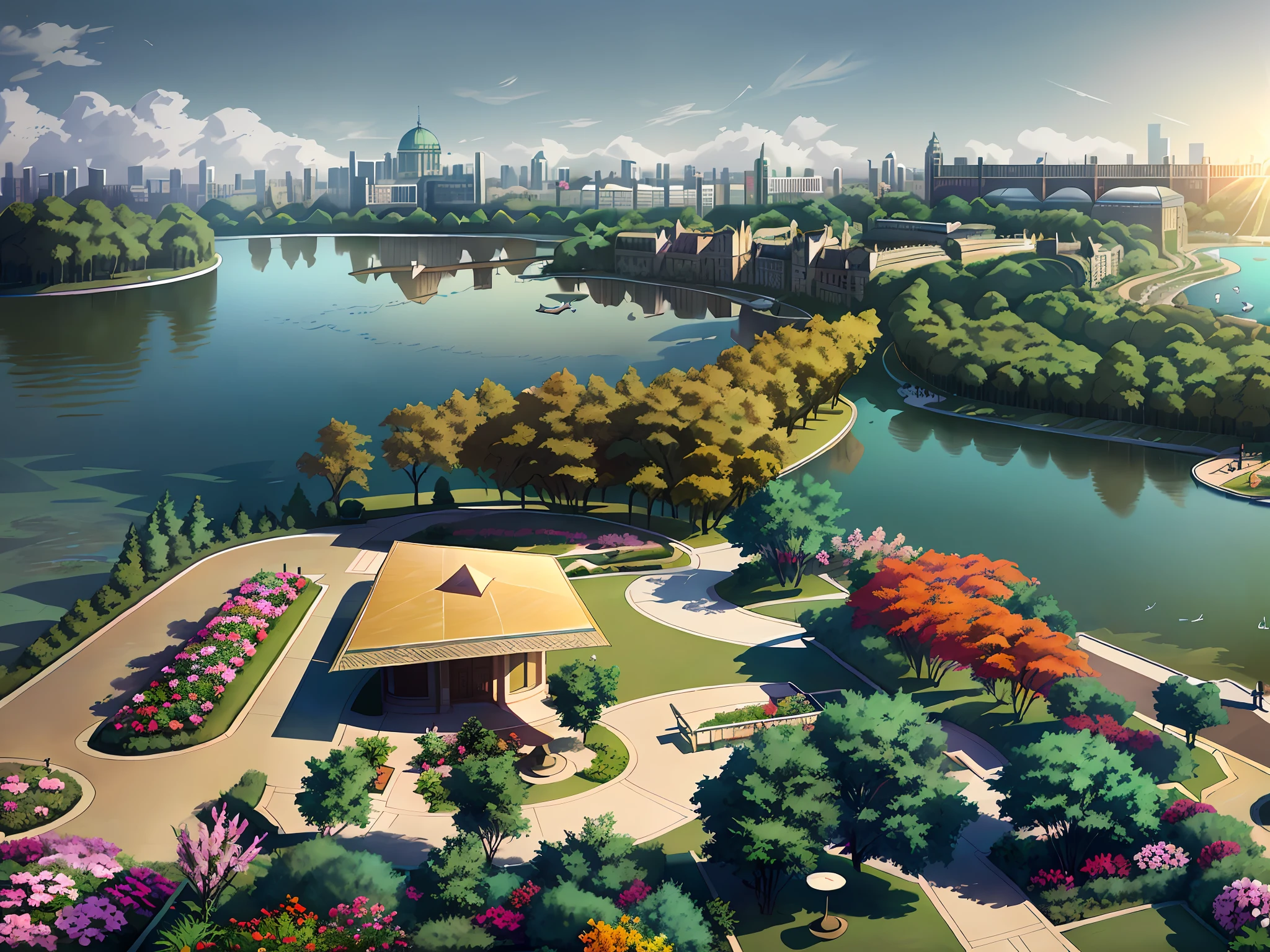 A bird's eye view of a park, buildings, and lakes, from above, the photo shows a large sand creek in Chasbio, in a park next to a lake, flower beds, with a café building in the middle, a bird's eye view,