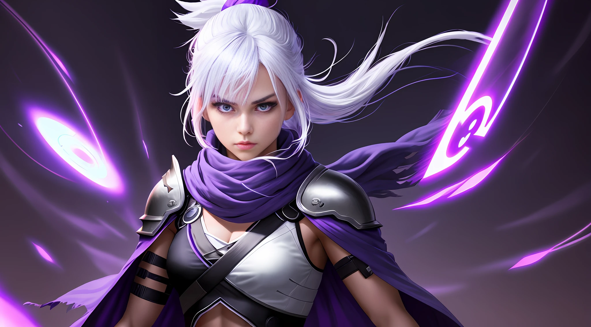 upper body, 1girl, white hair, ponytail, purple eyes, (ninja), short sword, medium breats ,scarf, wallpaper, magic circle background, light particles, blue fire, neon hair, cyberpunk hair, arcane, cape, hair blowing in wind, single hair strands