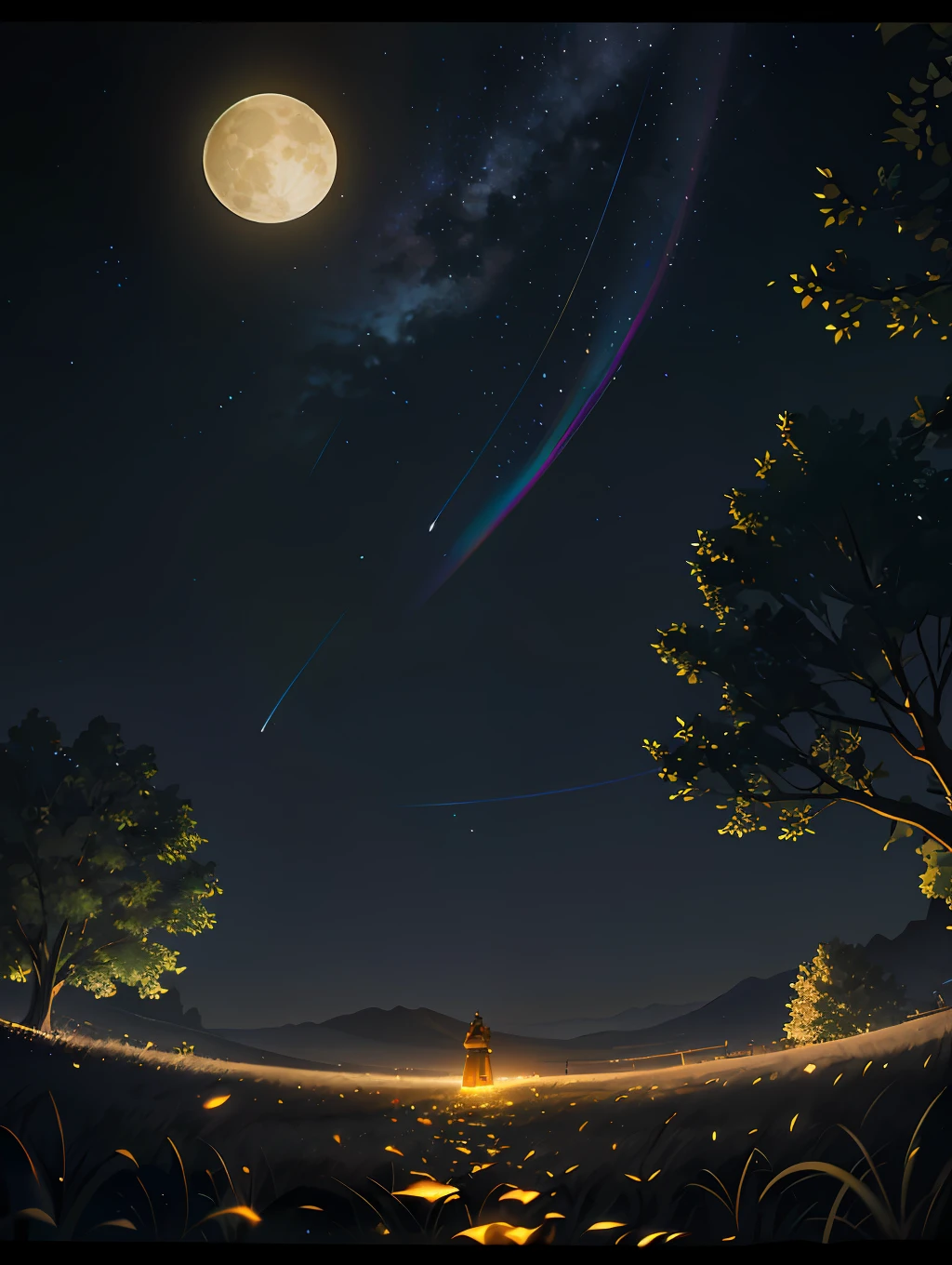 A wide landscape photo, (viewed from below, the starry sky is above, and the open field is below), a retro robot sitting on a grass field looking up, (full moon: 1.2), (meteor: 0.9), (nebula: 1.3), distant waterfalls , Trees BREAK Crafting Art, (Warm Light: 1.2), (Firefly: 1.2), Lights, Lots of Greens and Golden, Intricate Details, Volumetric Lighting BREAK (Masterpiece: 1.2), (Best Quality), 4k, Ultra Detailed, (Dynamic Composition: 1.4), Rich in Detail and Color, (Rainbow Color: 1.2), (Luminescent, Cinematic Lighting), Dreamy, Magical, (Solo: 1.2)