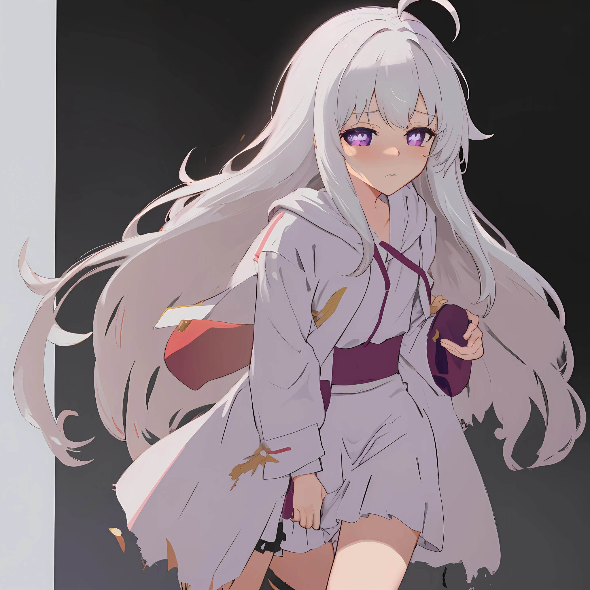 {{{masterpiece}}},{extremely detailed CG unity 8k wallpaper},best quality,Amazing,finely detail,solo,close-up,Perfect female body,white_hair,ahoge,purple_eyes,detail fingers,no underwear,tiny_chest, black stocking,frown,looking up,drooling,messy_hair,torn clothes,clenched teeth,heart-shaped pupils,clothes_lift,bathrobe,cameltoe,