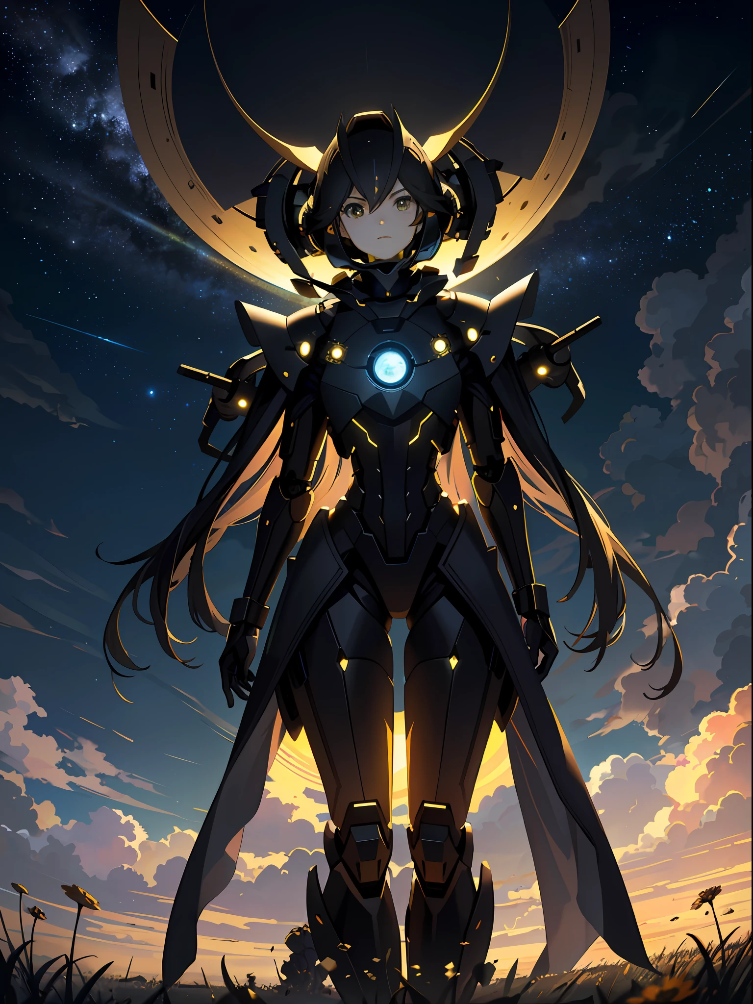 A wide landscape photo, (viewed from below, the starry sky is above, and the open field is below), a robot with its arms up to te sky, sitting on a flowers field looking up, (giant full moon: 1.2), (meteor: 0.9), (nebula: 1.3), distant waterfalls , Trees BREAK Crafting Art, (Warm Light: 1.2), (Firefly: 1.2), Lights, Lots of Greens and Golden, Intricate Details, Volumetric Lighting BREAK (Masterpiece: 1.2), (Best Quality), 4k, Ultra Detailed, (Dynamic Composition: 1.4), Rich in Detail and Color, (Rainbow Color: 1.2), (Luminescent, Cinematic Lighting), Dreamy, Magical, (Solo: 1.2)