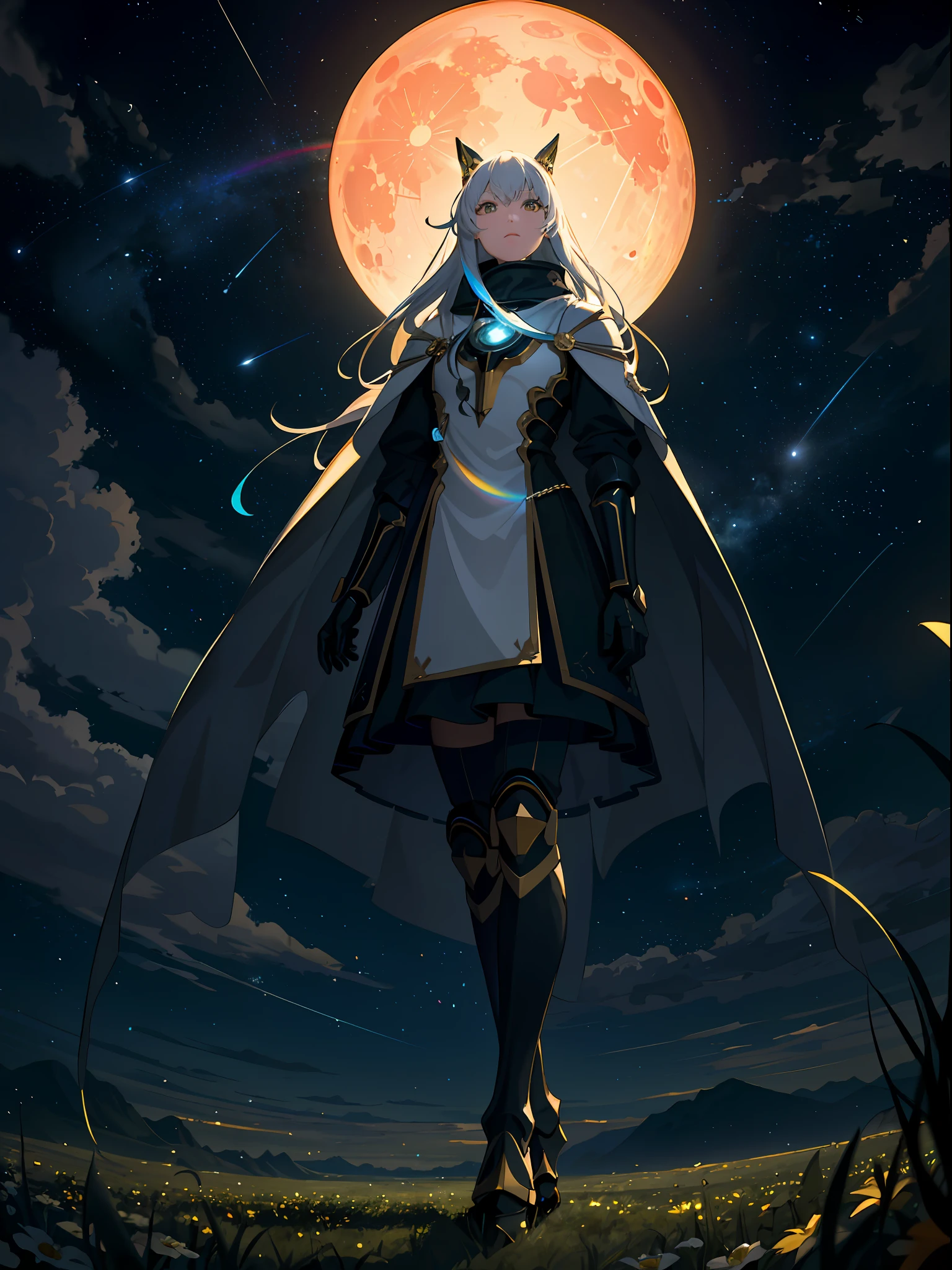 A wide landscape photo, (viewed from below, the starry sky is above, and the open field is below), a robot with its arms up to te sky, sitting on a flowers field looking up, (giant full moon: 1.2), (meteor: 0.9), (nebula: 1.3), distant waterfalls , Trees BREAK Crafting Art, (Warm Light: 1.2), (Firefly: 1.2), Lights, Lots of Greens and Golden, Intricate Details, Volumetric Lighting BREAK (Masterpiece: 1.2), (Best Quality), 4k, Ultra Detailed, (Dynamic Composition: 1.4), Rich in Detail and Color, (Rainbow Color: 1.2), (Luminescent, Cinematic Lighting), Dreamy, Magical, (Solo: 1.2)
