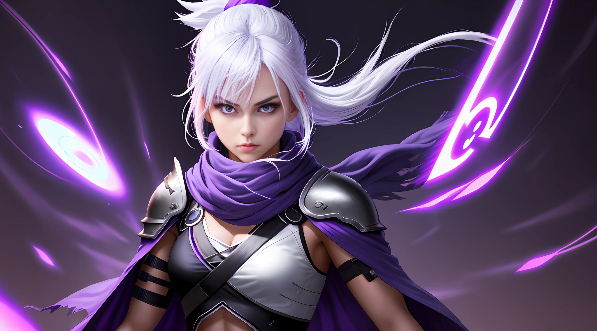 upper body, 1girl, white hair, ponytail, purple eyes, (ninja), short sword, medium breats ,scarf, wallpaper, magic circle background, light particles, blue fire, neon hair, cyberpunk hair, arcane, cape, hair blowing in wind