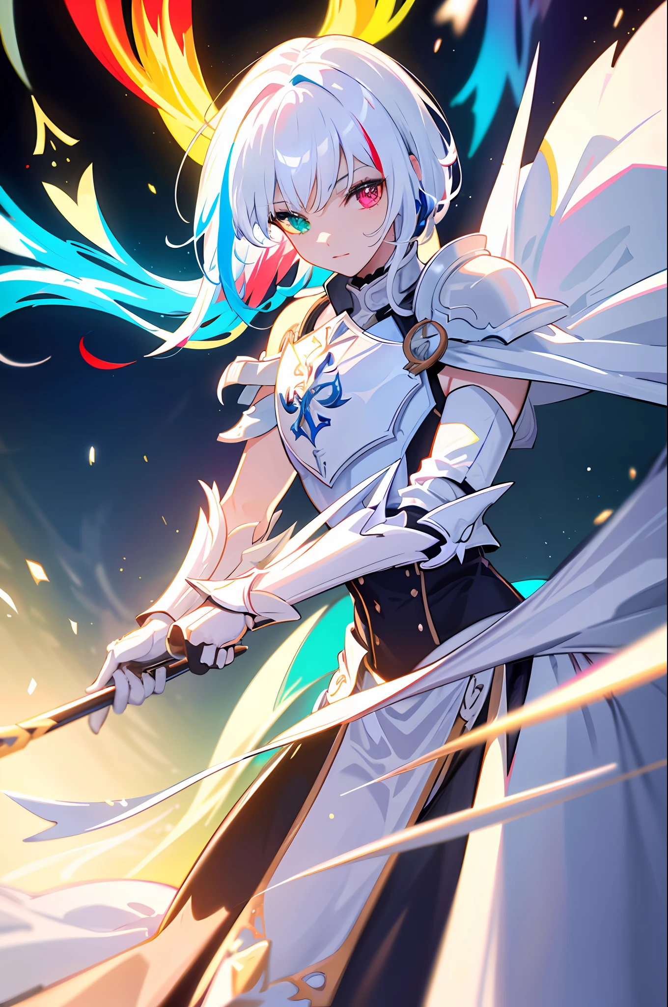 {a man wearing white armor with white cape fighting}}, {{masterpiece}}, best quality, extremely detailed CG unity 8k wallpaper, cinematic lighting, lens flare, beautiful detail eyes, full body, black, multicolor hair, colorful light particles, heterochromia, (colorful:1.5), (colorful hair:1.5),