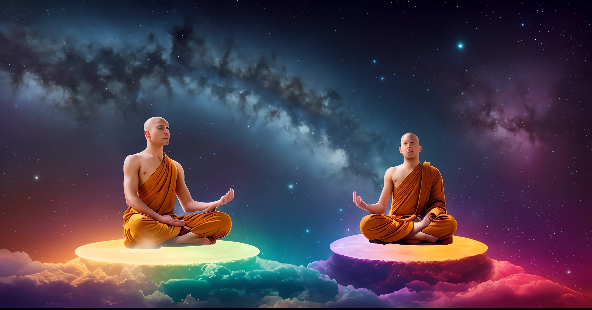 Striking image of a monk meditating in profile, with a serene and mystical appearance. The monk must be wearing a silver tunic with metallic colors, and sitting in a lotus position in a breath-taking cosmic environment. The background should be composed of a realistic representation of the universe, with bright stars, distant galaxies and colorful nebulae all around. The image should be composed only by the monk, with no other visual distractions. The monk's facial expression should be one of inner peace and serenity. The image should have a modern and attractive style, with a framing that catches the eye. The image should convey the idea of relaxation and inner peace, and be a visual representation of meditation to achieve happiness and peace.
