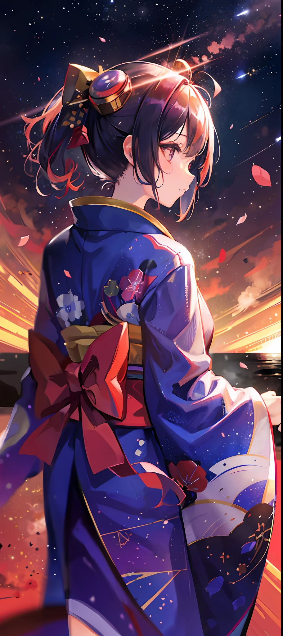 1girl, distant girl wearing a kimono staring at the stars, (zoomed out:1.1), (meteor shower:1.2), (comet:1.1), your name, low angle, from behind, aroura borealis, shooting star, yukata, red kimono, cherry blossoms, standing in a field,best quality, masterpiece, cloud,colorful, starry,stars,