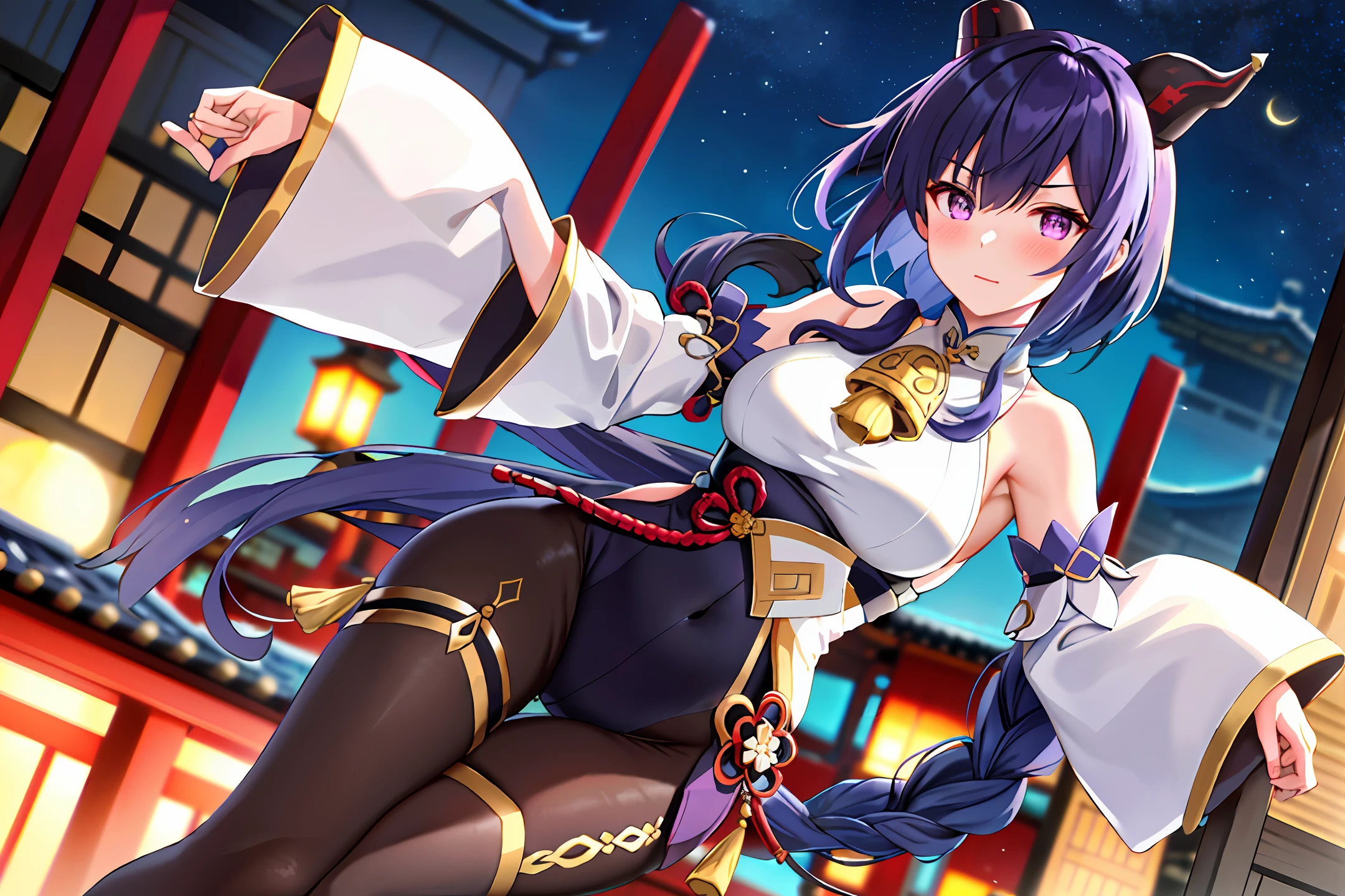 ganyu\(genshin impact\), 1girl, ahoge, architecture, bangs, bare shoulders, bell, black gloves, black tights, ((blue hair), blush, breasts, chinese knot, sleeve, East Asian architecture, flower knot, glove, horn, long hair, looking at the audience, medium chest, neckbell, night, outdoor, pantyhose, purple eyes, sideburns, solo, tassels, white sleeves, ((masterpiece))