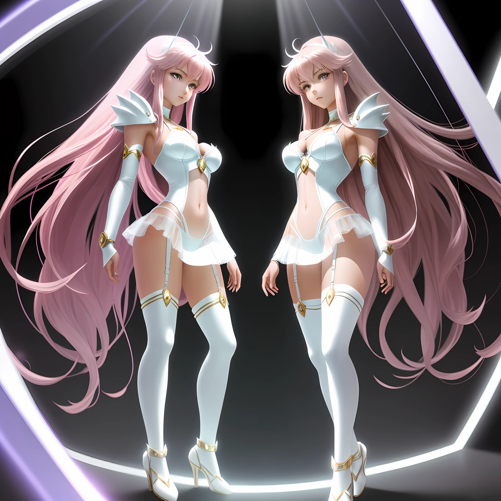 Saint Seiya-style 2D anime touch, lonely world, completely mirrored room, slim and cool beautiful girl, toes, full body image from the front of graceful standing figure, gorgeous and ???? white lingerie, garter belt, navel, high leg, asymmetrical gorgeous decoration, knee high, indirect protector, pink semi-long hair, ultra-thin lace see-through super mini skirt