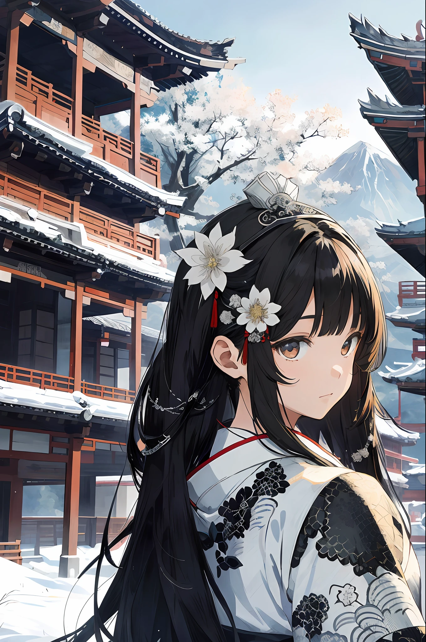 Official Art Illustration, 1 Girl, Black Eyes, Black Hair Color, Floating Hairpins, (Delicate Eyes), Intricate Silver-White Hanfu, Antique Style, Traditional Chinese Style, Japanese Landscape, Traditional Chinese Architecture, Japanese Architecture, Gorgeous Accessories, Intricate Filigree, FOV, f/1.8, Masterpiece, Frontal Perspective, 8K, Hazy, Backlight, Beautiful Anime Portrait, Beautiful Anime Woman, Beautiful Digital Art, (High Resolution), (Masterpiece), Heroine, Fantasy Art, Beautiful Digital Art, Moire, Outdoor, Snow, (Sengoku background), ((2.5D))