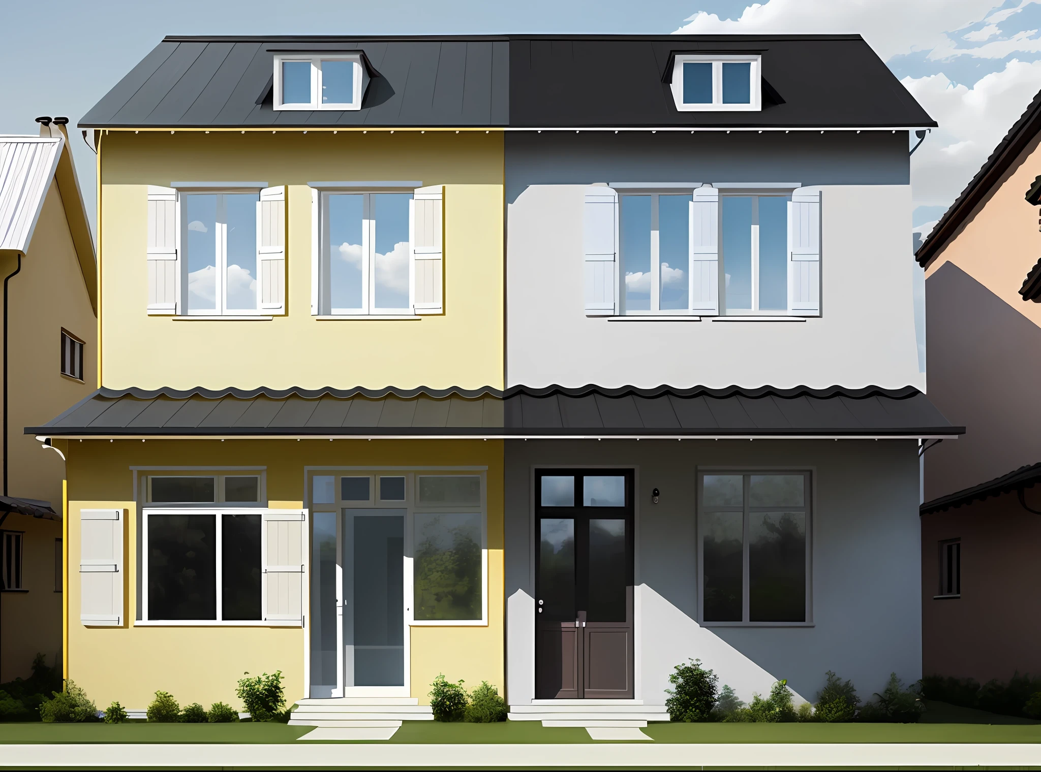 house divided in the middle, one lada the house is perfect, on the other side the house is transparent, side to house is transparent, side to house is transparent,