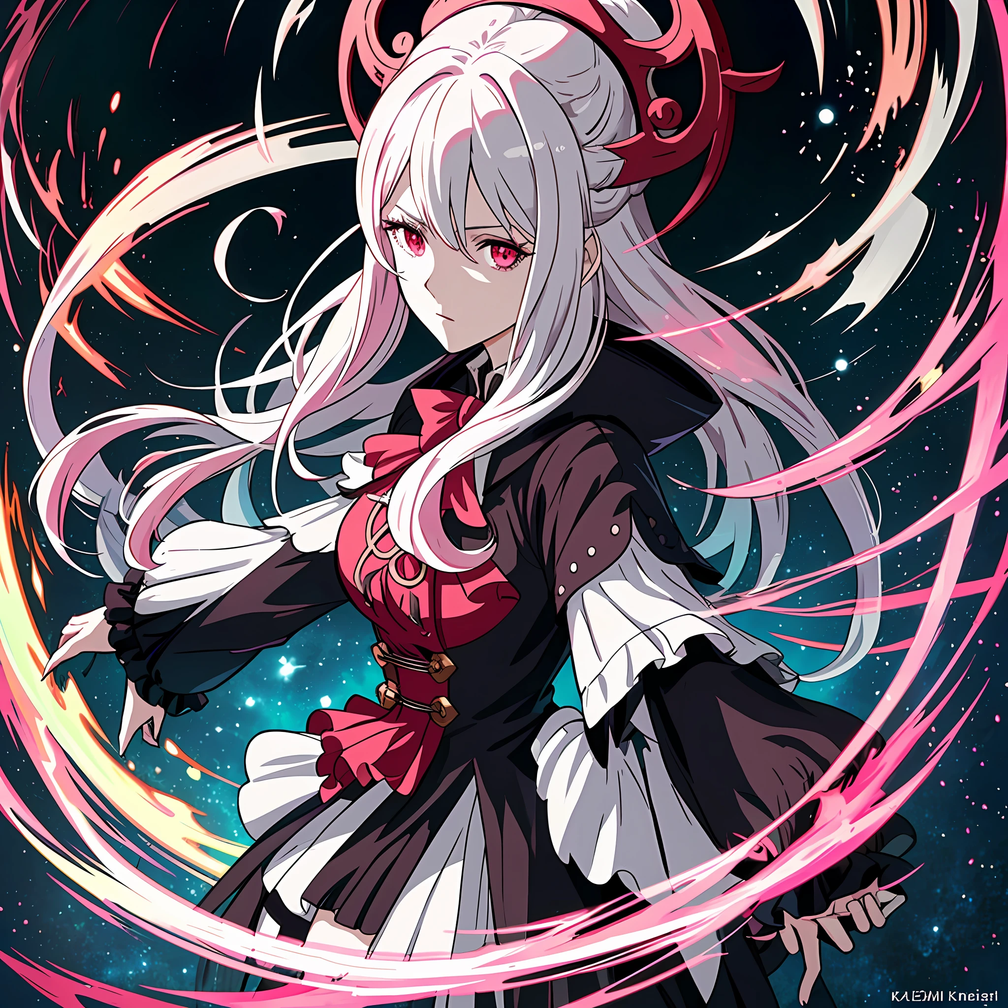 a closeup of a person in a black and white outfit,white colored hair and pink locks, cushart krenz female key art, official character art, full portrait of the elementalist, overlord shalltear, shalltear bloodfallen, official art, character art, goth maiden anime girl, fate grand order, official character illustration, inspired by Li Chevalier