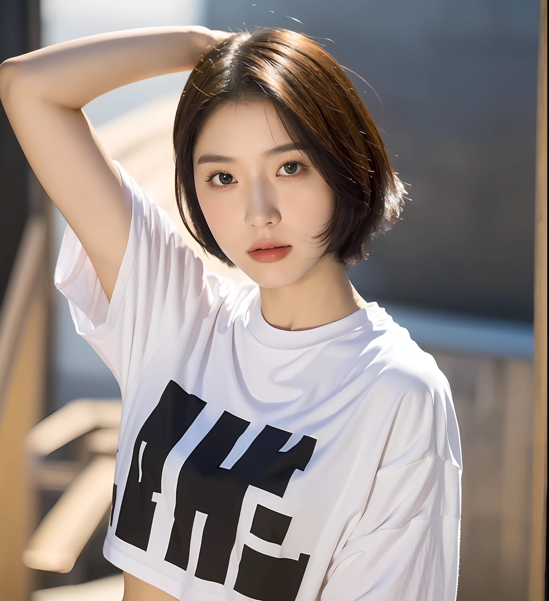 ((Top Quality, 8K, Masterpiece: 1.3)), Focus: 1.2, (T-shirt), Oversized T-shirt, Large T-Shirt, Perfect Body Beauty: 1.4, (Short Hair: 1.2)), (Dark Street: 1.3), Highly detailed face and skin texture, whole body, delicate eyes, double eyelids, whitening skin, short hair, (round face: 1.5),