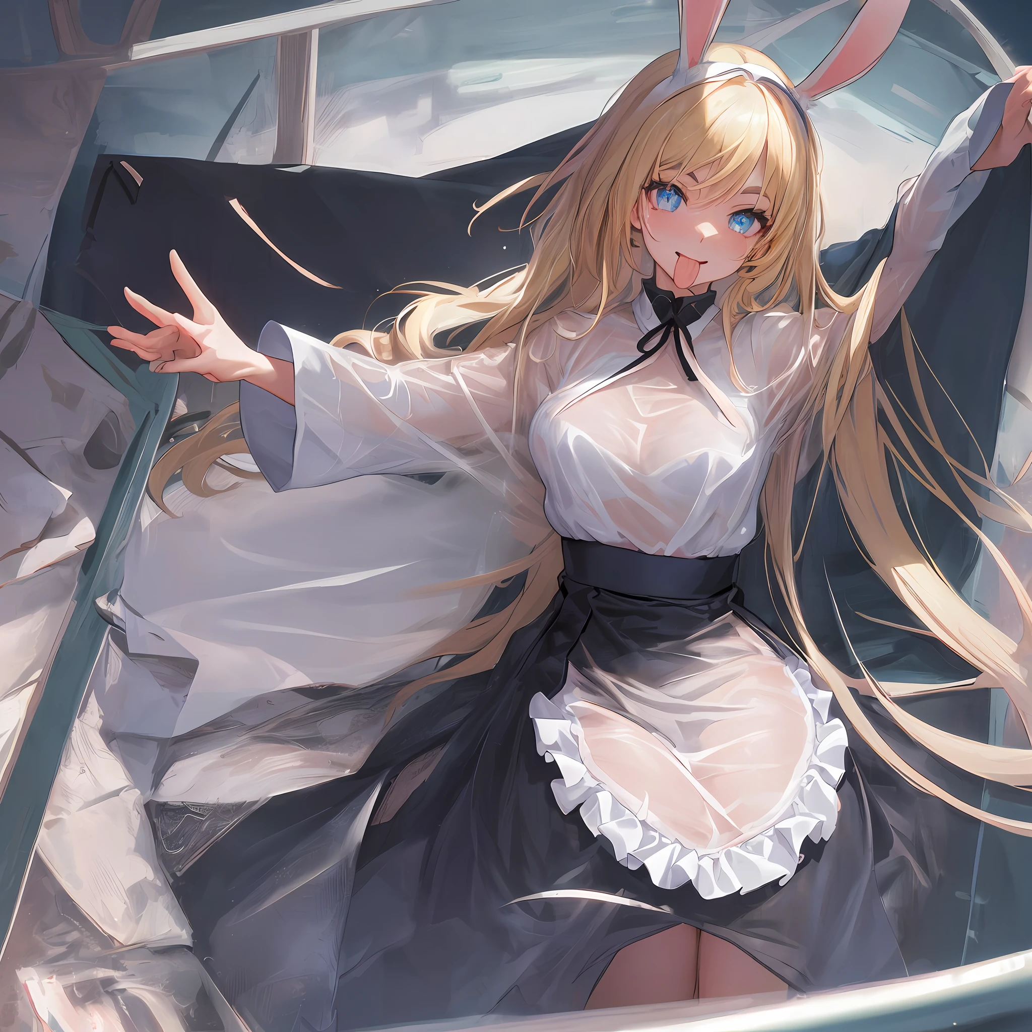 Face focus, tongue, mouth wide open, mouth focused, thick eyebrows, beautiful eyes, rabbit ears, sheer clothes, see-through T-shirt, underwear see-through from t-shirt, evil smile, beautiful blonde hair, ((masterpiece)), ((best quality)), (super detailed), cute girl, one girl, solo, (((beautiful eyes)), anime girl, happy and cute face, beautiful detailed eyes clean and detailed face, five fingers, textile shading, perfect anatomy,