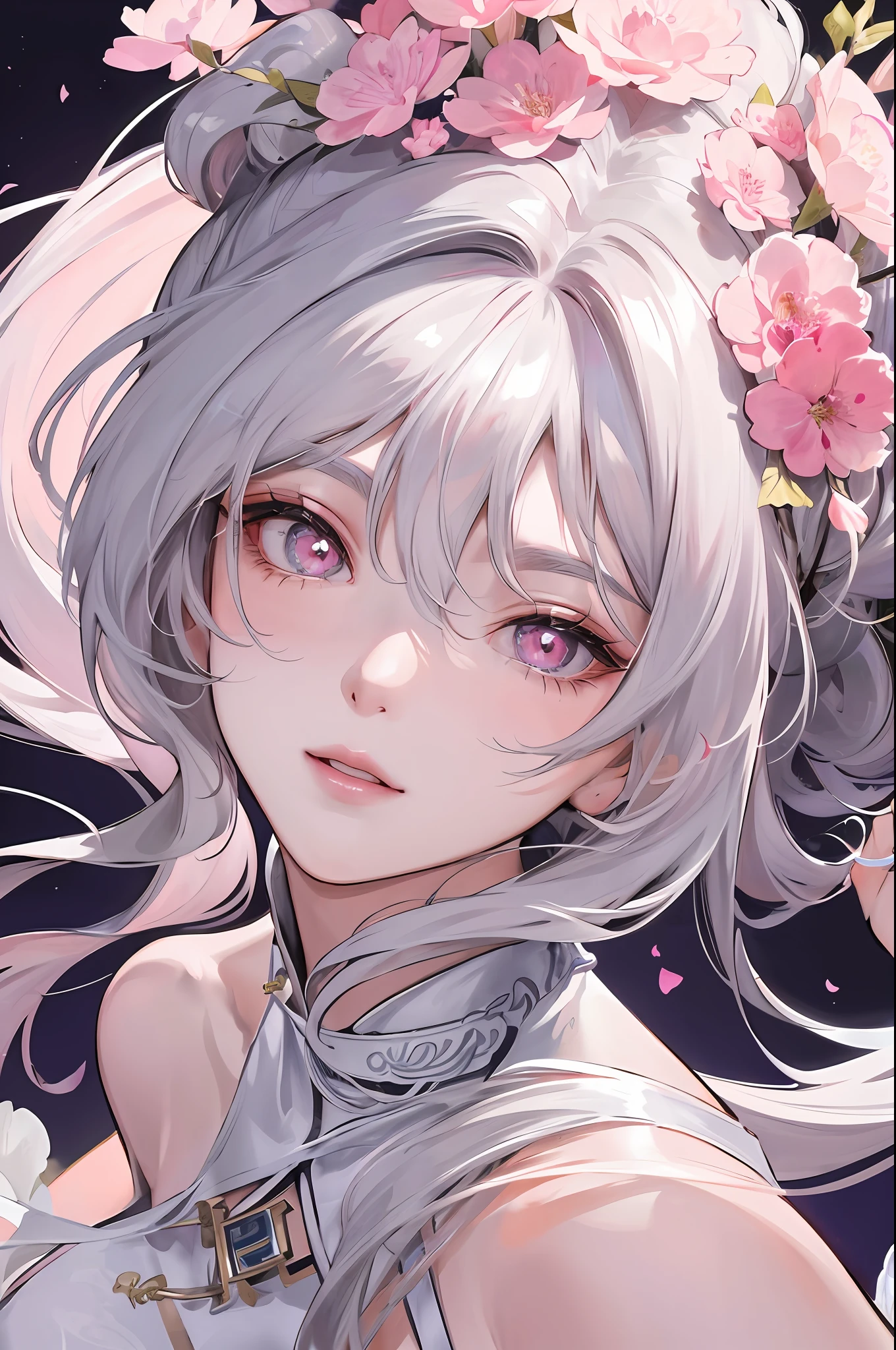 8K Masterpiece Superb Night Full Moon 1 Female Chinese Style Chinese Architecture Mature Woman Sister Silver White Long Hair Woman Long Hair Light Pink Lips Calm Rational Bangs Gray Pupils Pink Flowers on Head, Flower Background, Petals Dancing, Delicate Face, Close Up