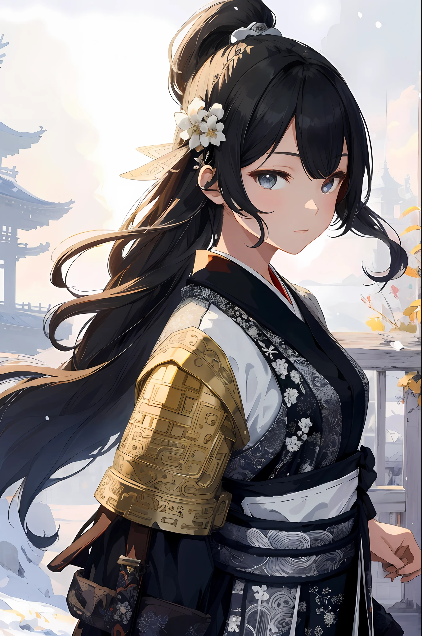 Official Art Illustration, 1 Girl, Black Eyes, Black Hair Color, Floating Hairpin, (Delicate Eyes), Intricate Silver-White Hanfu, Antique Style, Traditional Chinese Style, Gorgeous Accessories, Complex Filigree, FOV, F/1.8, Masterpiece, Frontal View, 8K, Hazy, Backlight, Beautiful Anime Portrait, Beautiful Anime Woman, Beautiful Digital Art, (High Resolution), (Masterpiece), Heroine, Fantasy Art, Beautiful Digital Art, Moire, Outdoor, Snow, (Warring States Background), (2.5D)