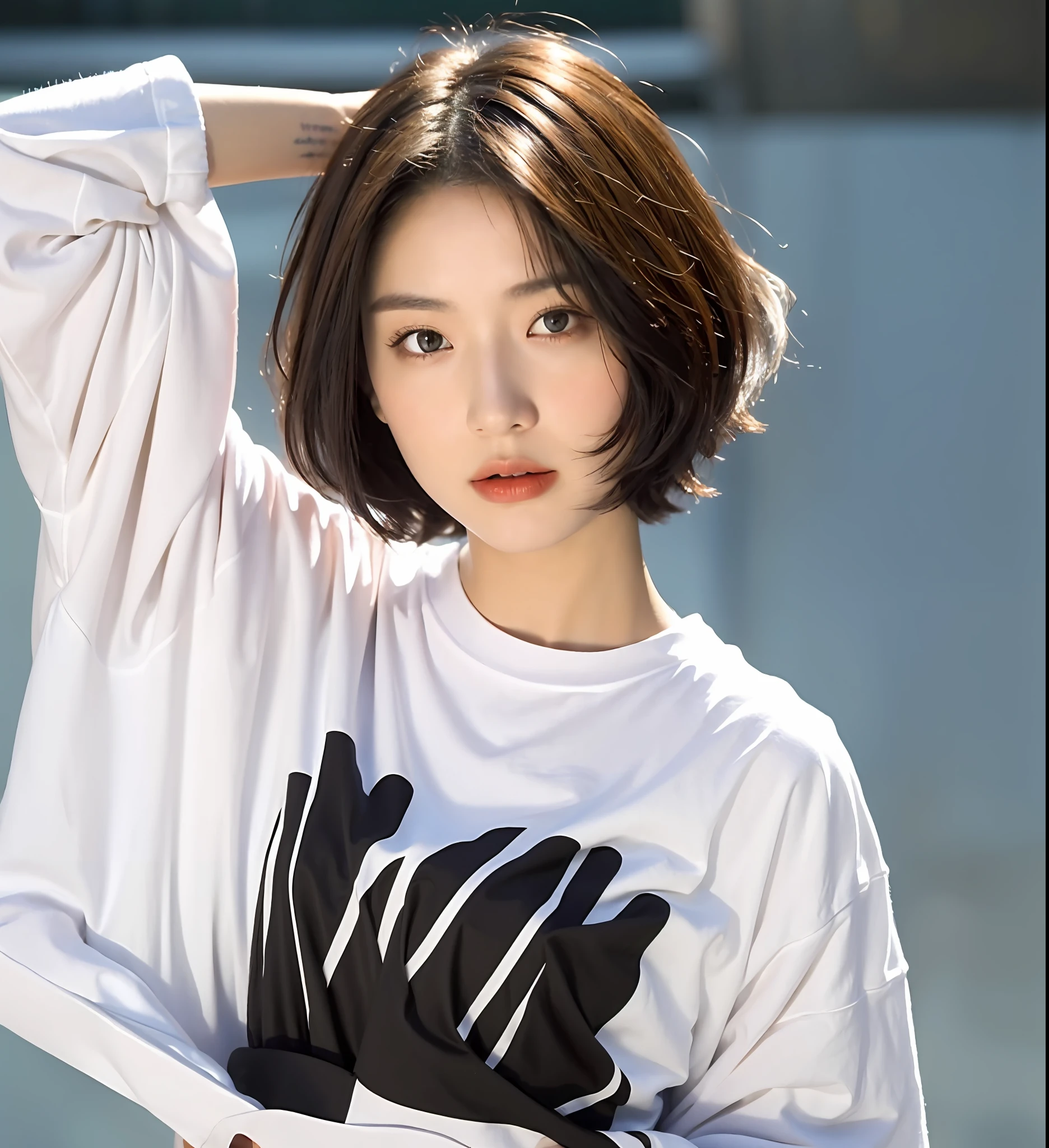 ((Top Quality, 8K, Masterpiece: 1.3)), Focus: 1.2, (T-shirt), Oversized T-shirt, Large T-Shirt, Perfect Body Beauty: 1.4, (Short Hair: 1.2)), (Dark Street: 1.3), Highly detailed face and skin texture, whole body, delicate eyes, double eyelids, whitening skin, short hair, (round face: 1.5),