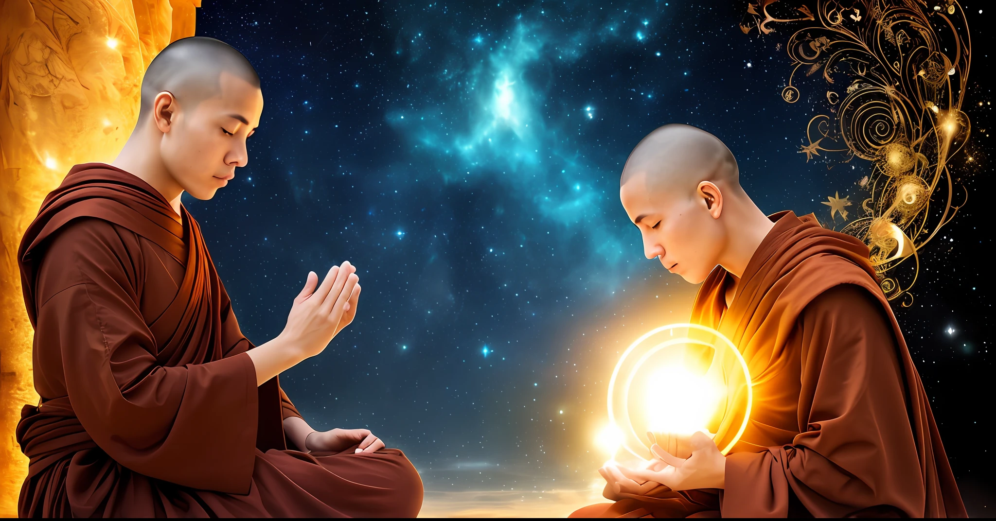 Impressive mage of only one monk meditating in profile, with a serene and mystical appearance. The monk must be wearing a silver robe with metallic colors, and sitting in lotus position in a cosmic environment, universe illuminated by stars that takes your breath away. The background should be composed of a realistic representation of the universe, with bright stars, The image should be composed only by the monk, without other visual distractions. The monk's facial expression should be one of inner peace and serenity. The image should have a modern and attractive style, with a framing that catches the eye. The image should convey the idea of relaxation and inner peace, and be a visual representation of meditation to achieve happiness and peace.