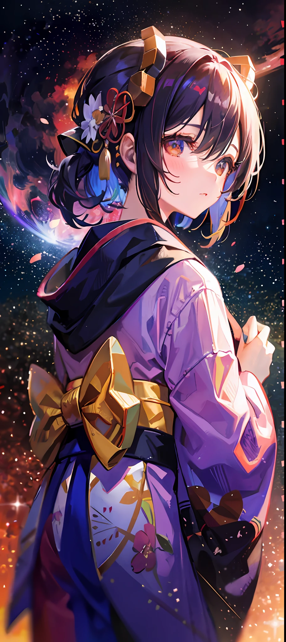 1girl, distant girl wearing a kimono staring at the stars, (zoomed out:1.1), (meteor shower:1.2), (comet:1.1), your name, low angle, from behind, aroura borealis, shooting star, yukata, red kimono, cherry blossoms, standing in a field,best quality, masterpiece, cloud,colorful, starry,stars,