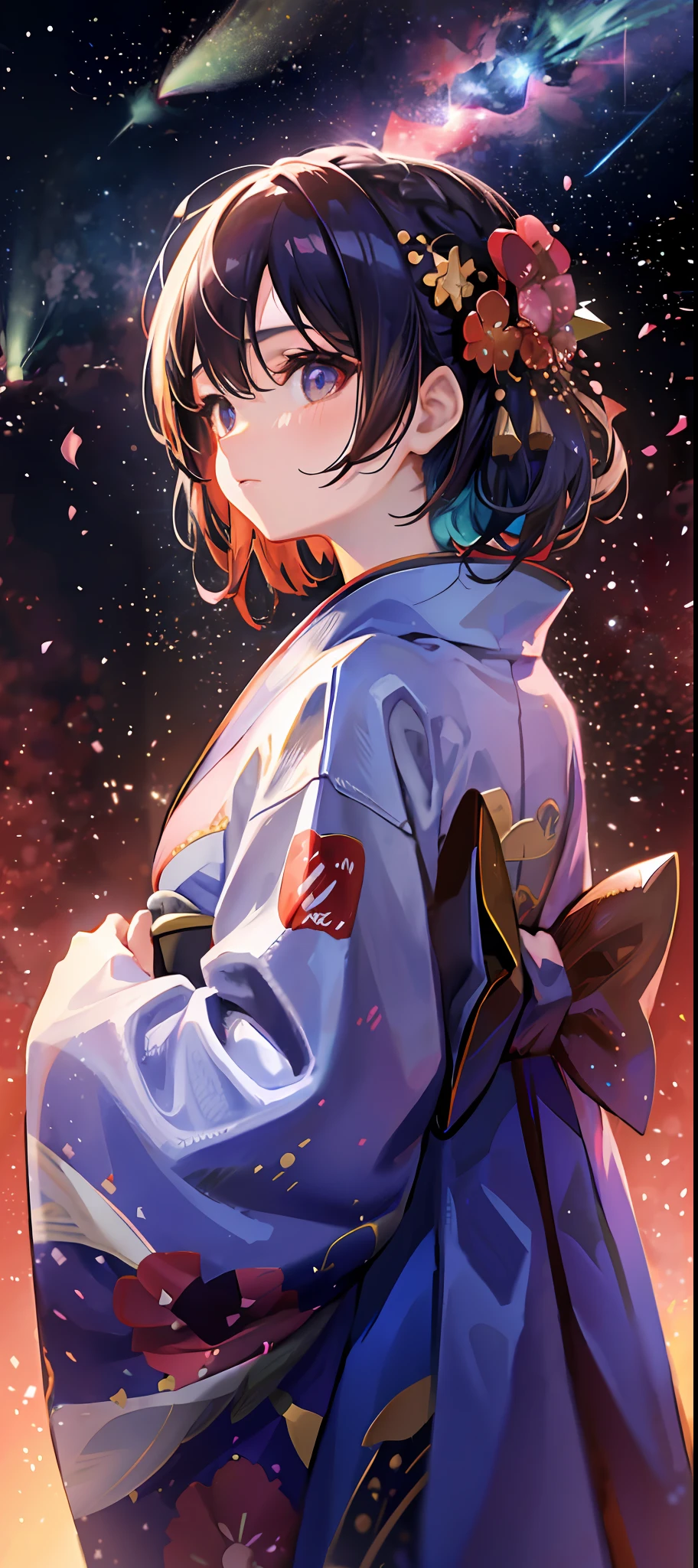 1girl, distant girl wearing a kimono staring at the stars, (zoomed out:1.1), (meteor shower:1.2), (comet:1.1), your name, low angle, from behind, aroura borealis, shooting star, yukata, red kimono, cherry blossoms, standing in a field,best quality, masterpiece,  cloud,colorful, starry,stars,